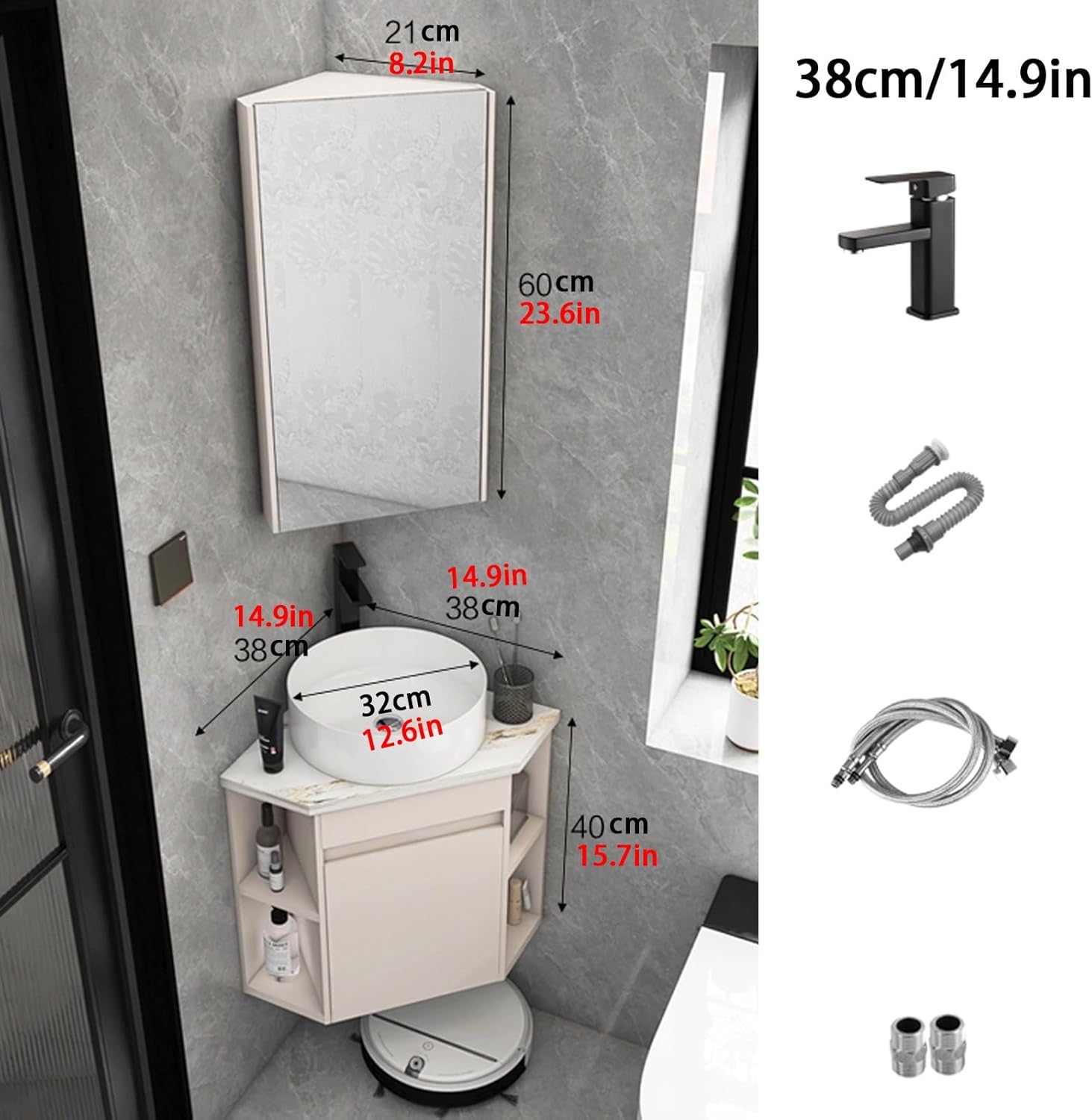 Corner Wall Mount Bathroom Sink, Corner Bathroom Vanity, Wall Hung Floating Porcelain Ceramic Wash Basin, Ceramic Corner Sink with Storage Container, for Small Space(38cm/14.9in)