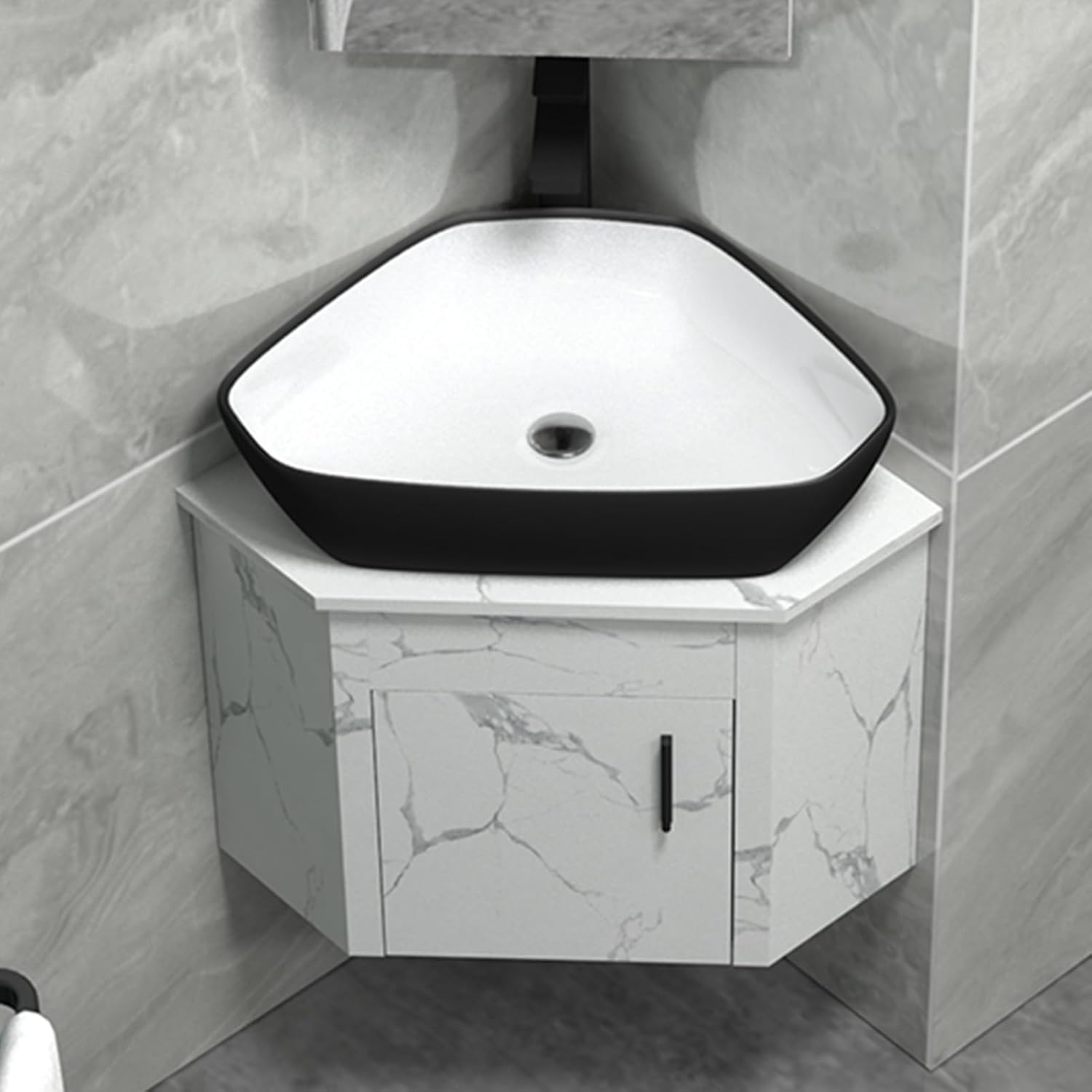 Corner Bathroom Sink, Ceramic Basin Wall Mount Vanity, Floating Wash Basin, Corner Pedestal Sink for Small Space, Bathroom Sink with Storage Container(White)