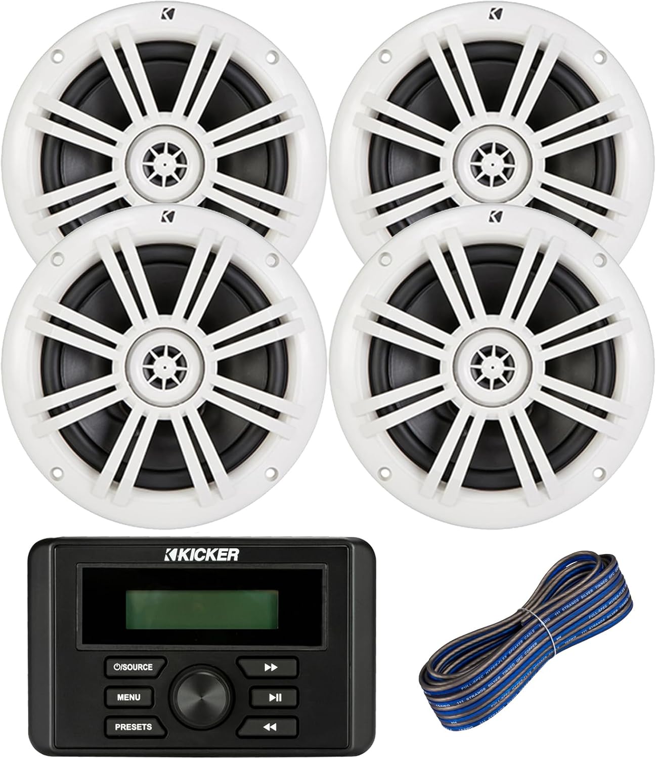 Kicker Weather-Resistant Marine Bluetooth USB AM/FM Stereo Receiver Bundle Combo with 2 Pair (Qty 4) of 6.5