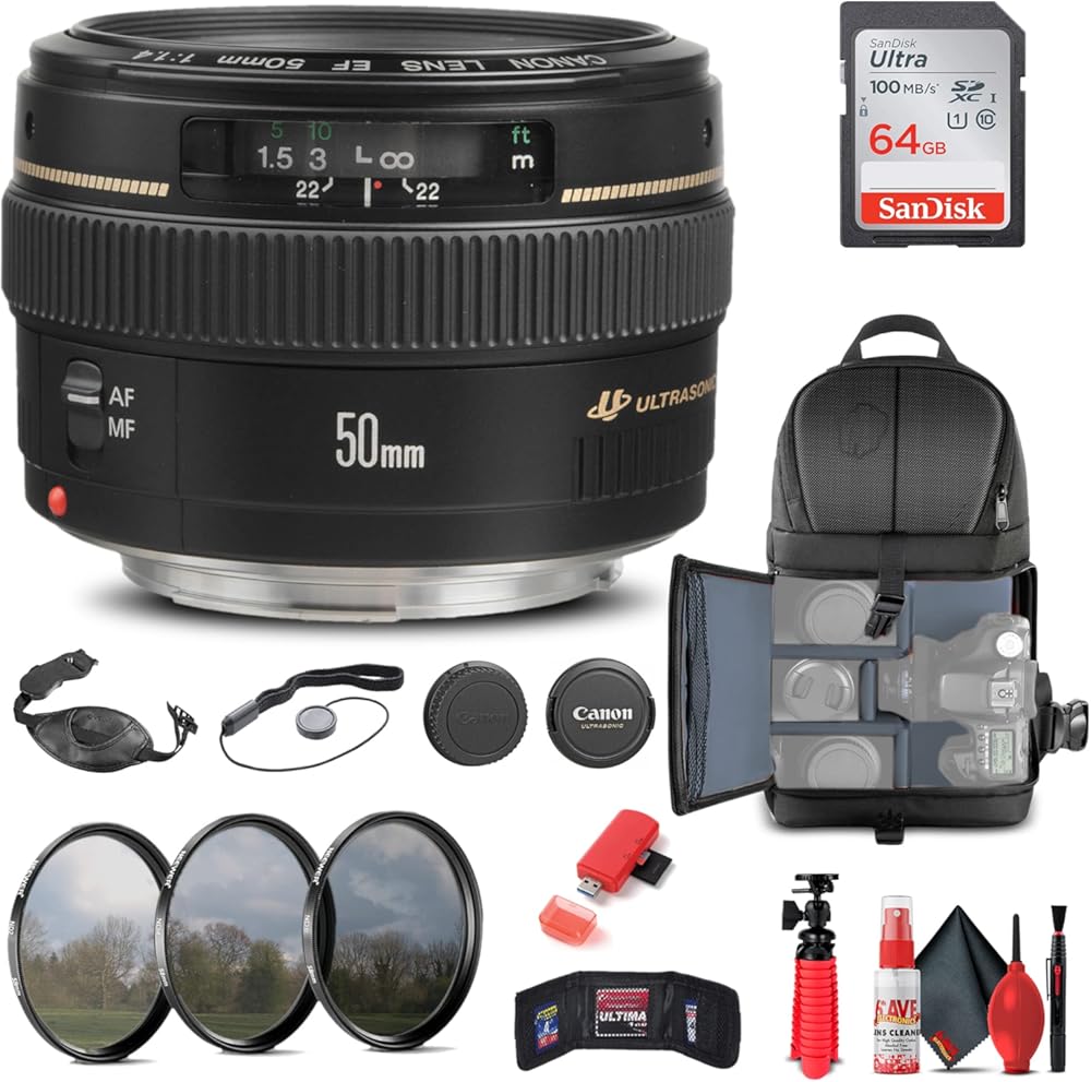 Canon EF 50mm f/1.4 USM Lens (2515A003) + Filter Kit + Backpack + 64GB Card + Lens Pouch + Card Reader + Flex Tripod + Memory Wallet + Cap Keeper + Cleaning Kit + Hand Strap + More (Renewed)