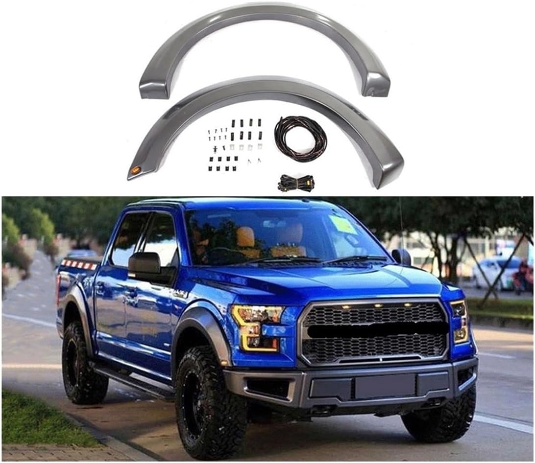 Car Styling Wheel Eyebrow Pickup Accessories ABS Black With Led Light Fender Flares Wheel Compatible For Ford F150 2015-2017(Black)