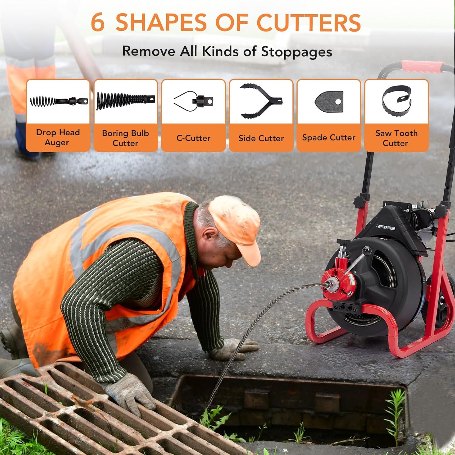 PIONEERWORKS 75Ft x 1/2 In Auto-feed Drain Cleaner Machine 5.8A, Electric Drain Auger Professional for 2 to 4 Inch Pipes, with 6 Cutters, GloveS, Drain Auger Cleaner Sewer Snake