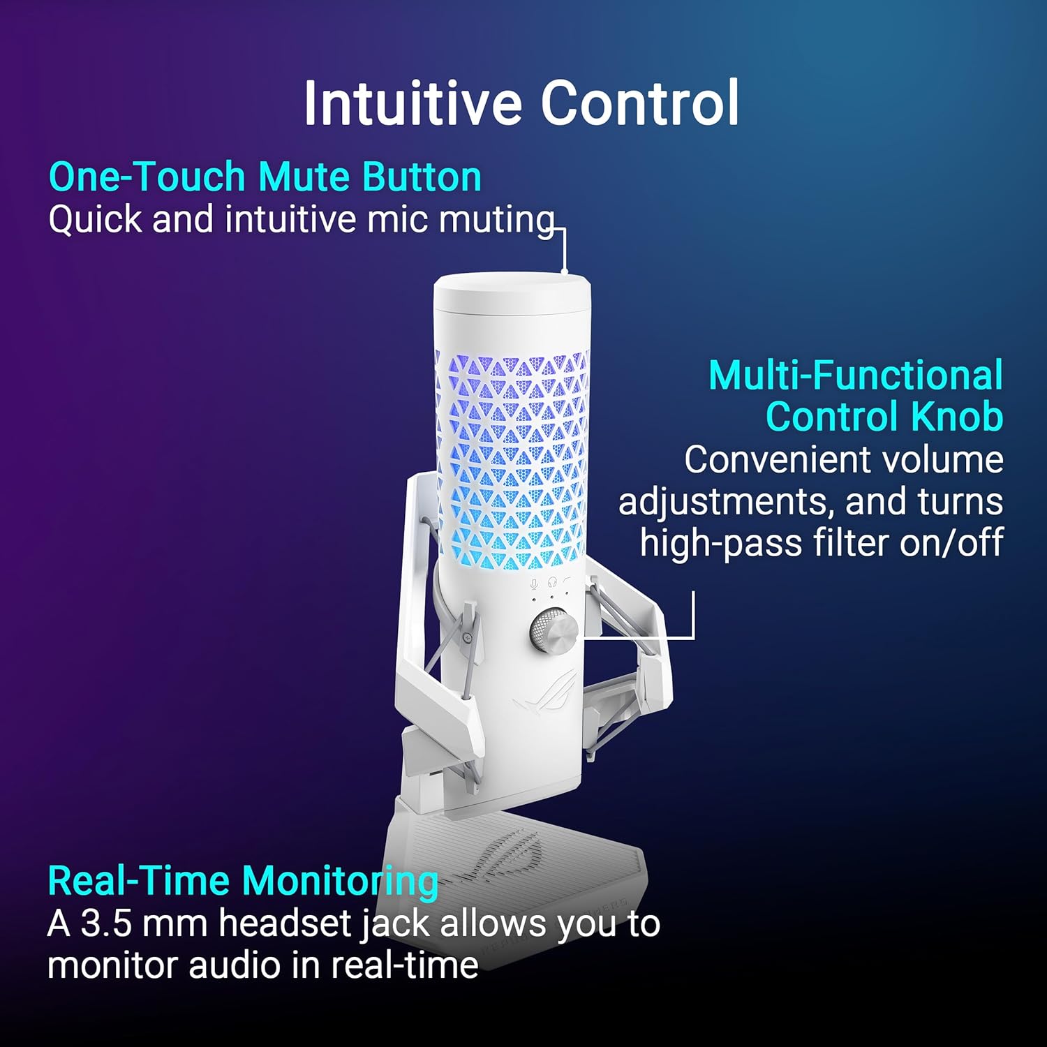 ASUS ROG Carnyx USB Gaming Microphone (25mm Condenser Capsule, 192kHz/24-bit, Cardioid, high-Pass Filter, Built-in pop Filter, Metal Shock Mount, one-Touch Mute, Aura Sync RGB)- Moonlight White