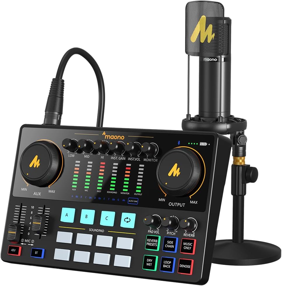 MAONO Podcast Equipment Bundle with Audio Interface and XLR Condenser Microphone, MaonoCaster with 48V Phantom Power, Bluetooth for Podcast, Streaming, Voice Over, Youtube, PC, Guitar (AME2A)