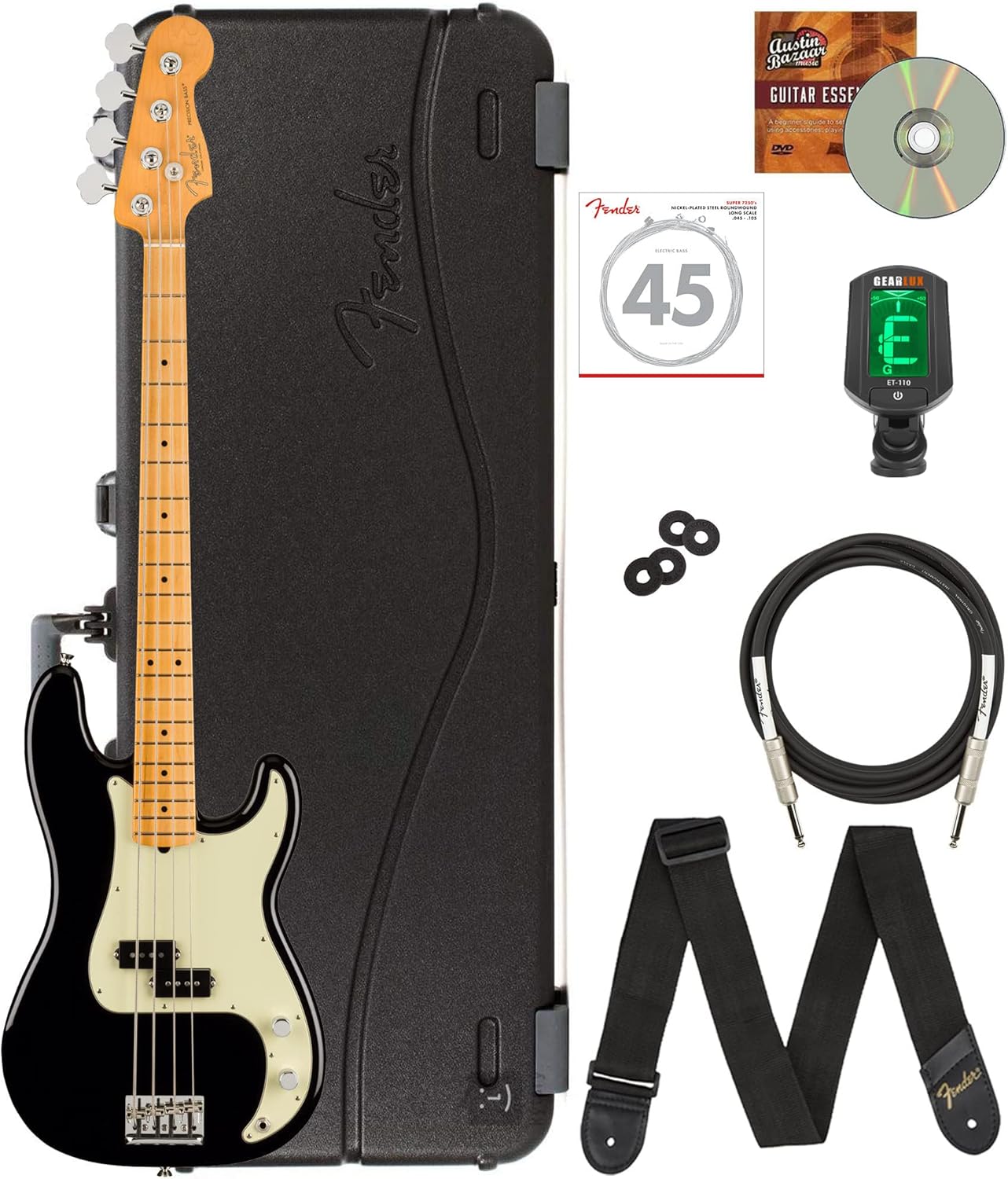 Fender American Professional II Precision Bass Black Bundle with Deluxe Case, Instrument Cable, Tuner, Strings, Strap Blocks, Strap, and Austin Bazaar Instructional DVD