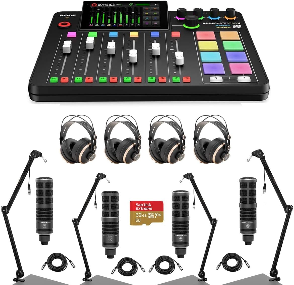 Rode RODECaster Pro II Integrated Audio Production Studio Console Bundle with 4x TAP300 Mic, 4x TAPH700 Headphones, 4x Broadcast Arm, 4x M to F XLR Cable, 32BG microSD Card