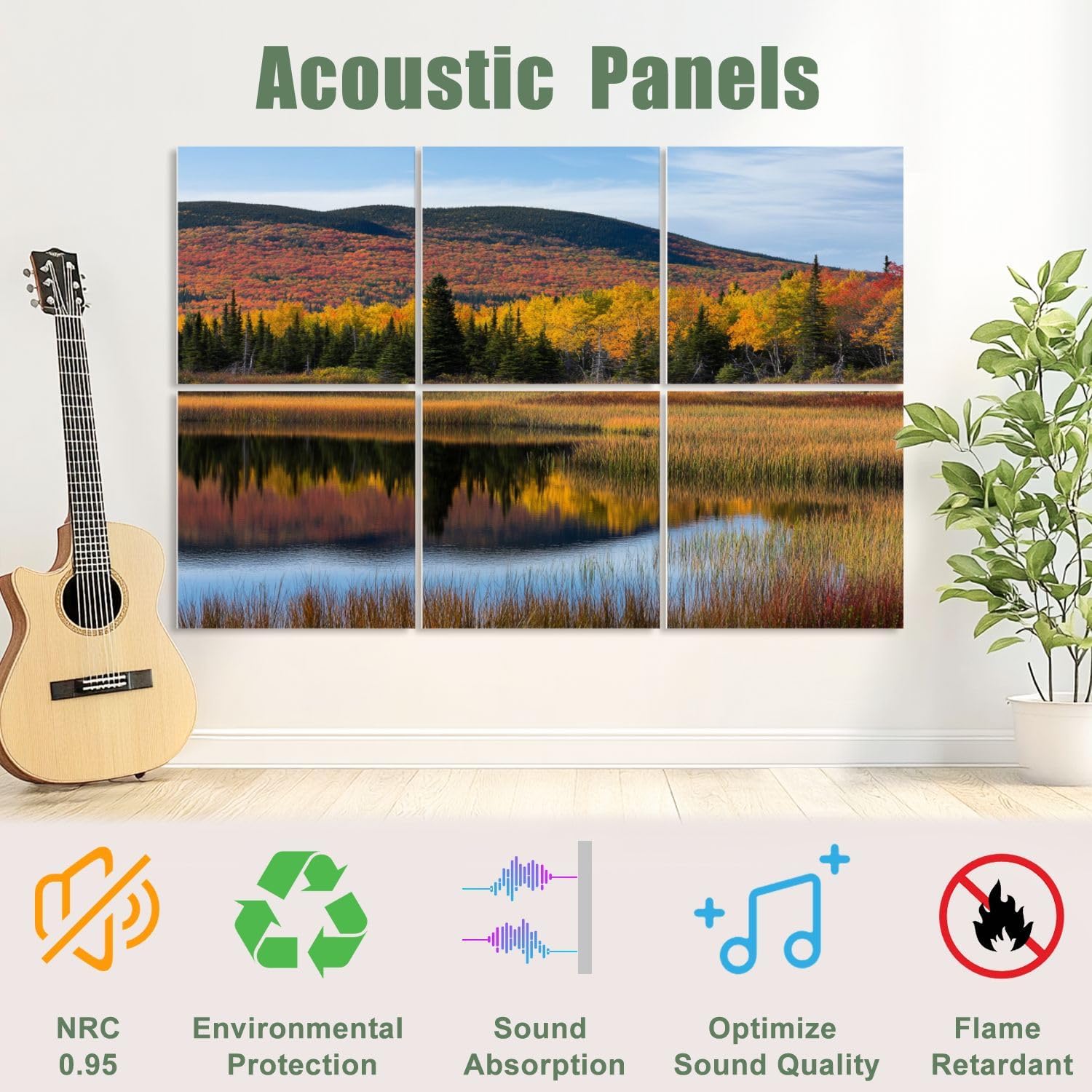6 Pack Art Acoustic Panels Sound Absorbing Nature Mountain National Park Lake Landscape Autumn Foliage Reflection Decorative Soundproof Wall Panels Self Adhesive for Recording Studios Office 72