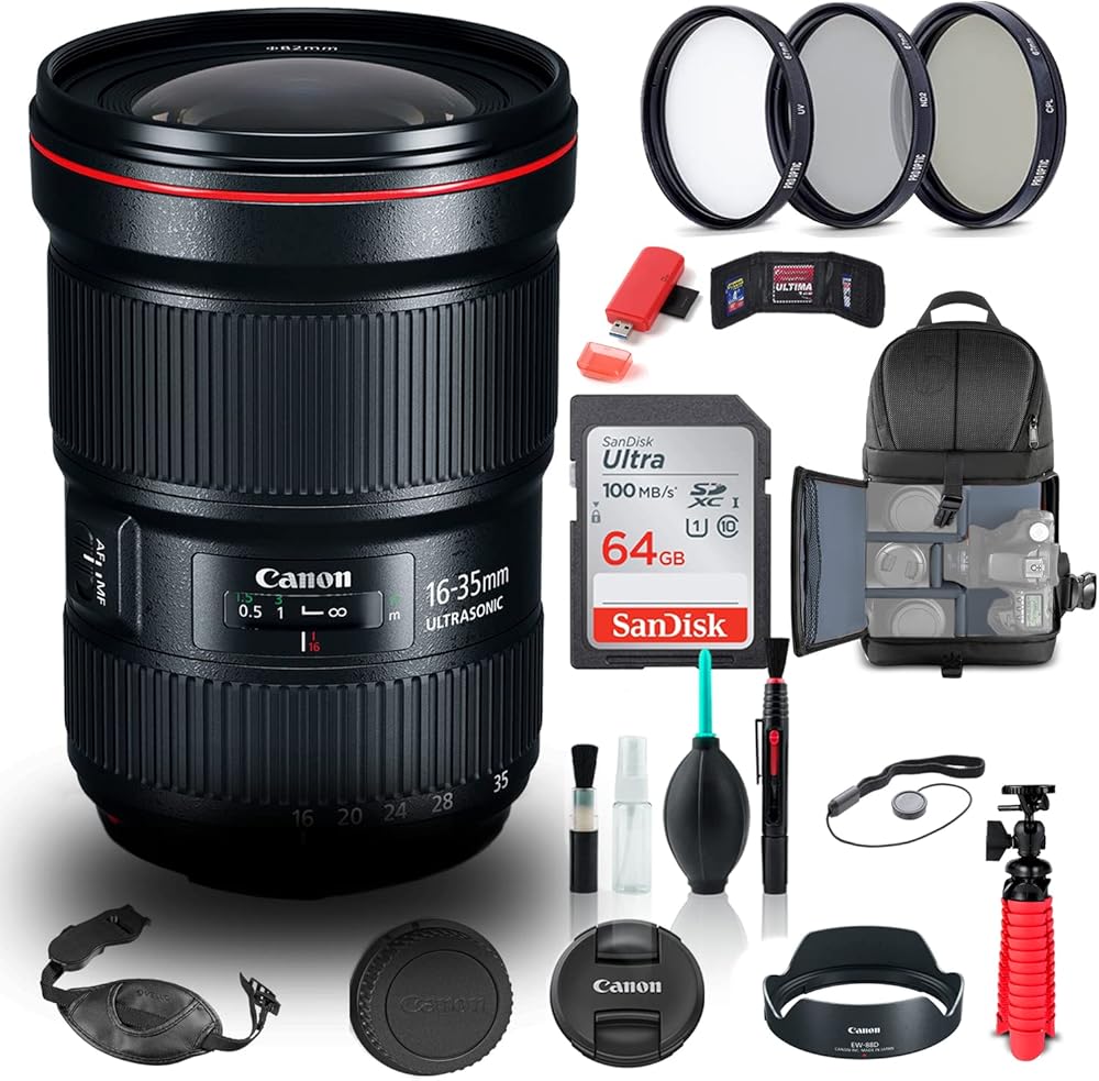 Canon EF 16-35mm f/2.8L III USM Lens (0573C002) + Filter Kit + Backpack + 64GB Card + Card Reader + Flex Tripod + Memory Wallet + Cap Keeper + Cleaning Kit + Hand Strap + More (Renewed)