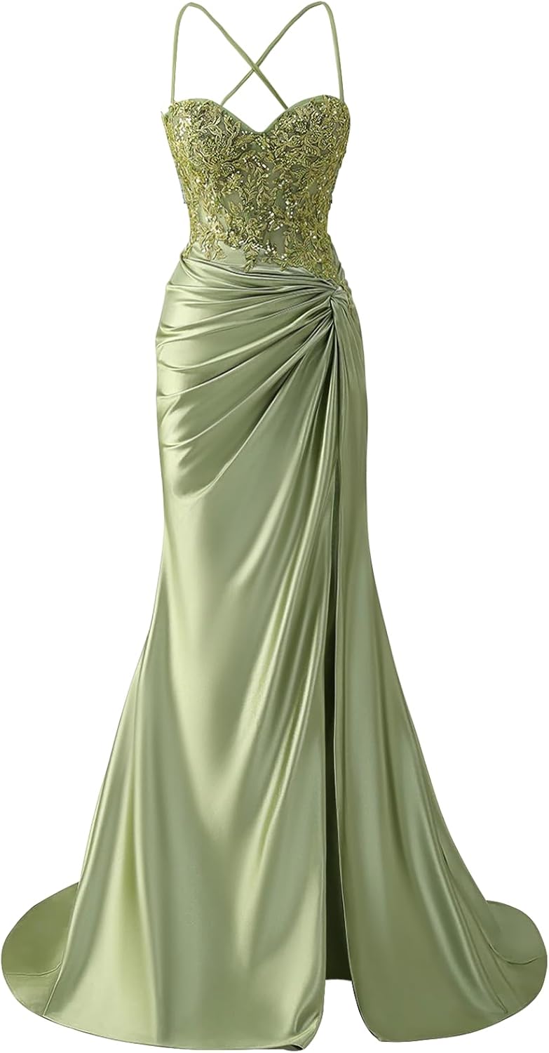 BOLENSYE Corset Prom Dresses Long Satin Lace Appliques Ball Gowns Mermaid Evening Dress with Slit