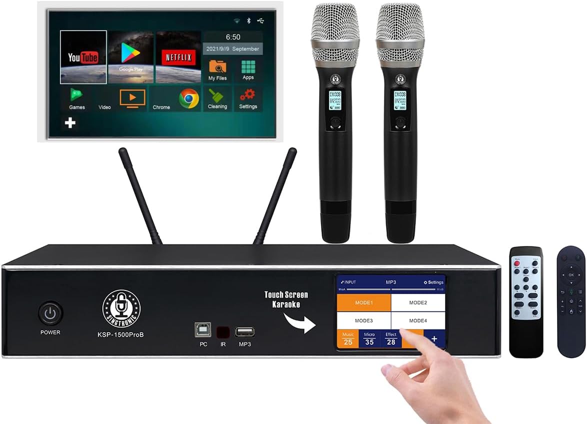 Singtronic Professional 2000W YouTube Karaoke System | 4-in-1 Touchscreen Karaoke Amplifier with Android, Bluetooth, Anti-Feedback Mixer, 2 Wireless Microphones