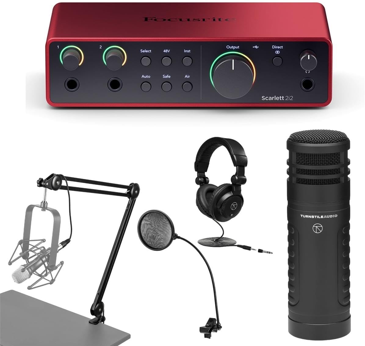 Focusrite Scarlett 2i2 4th Gen USB Audio Interface with Software, Bundle Hyper-Cardioid Dynamic Mic, Broadcast Arm w Springs & Integrated 10' XLR Cable, Studio Monitor Headphones, Pop Filter