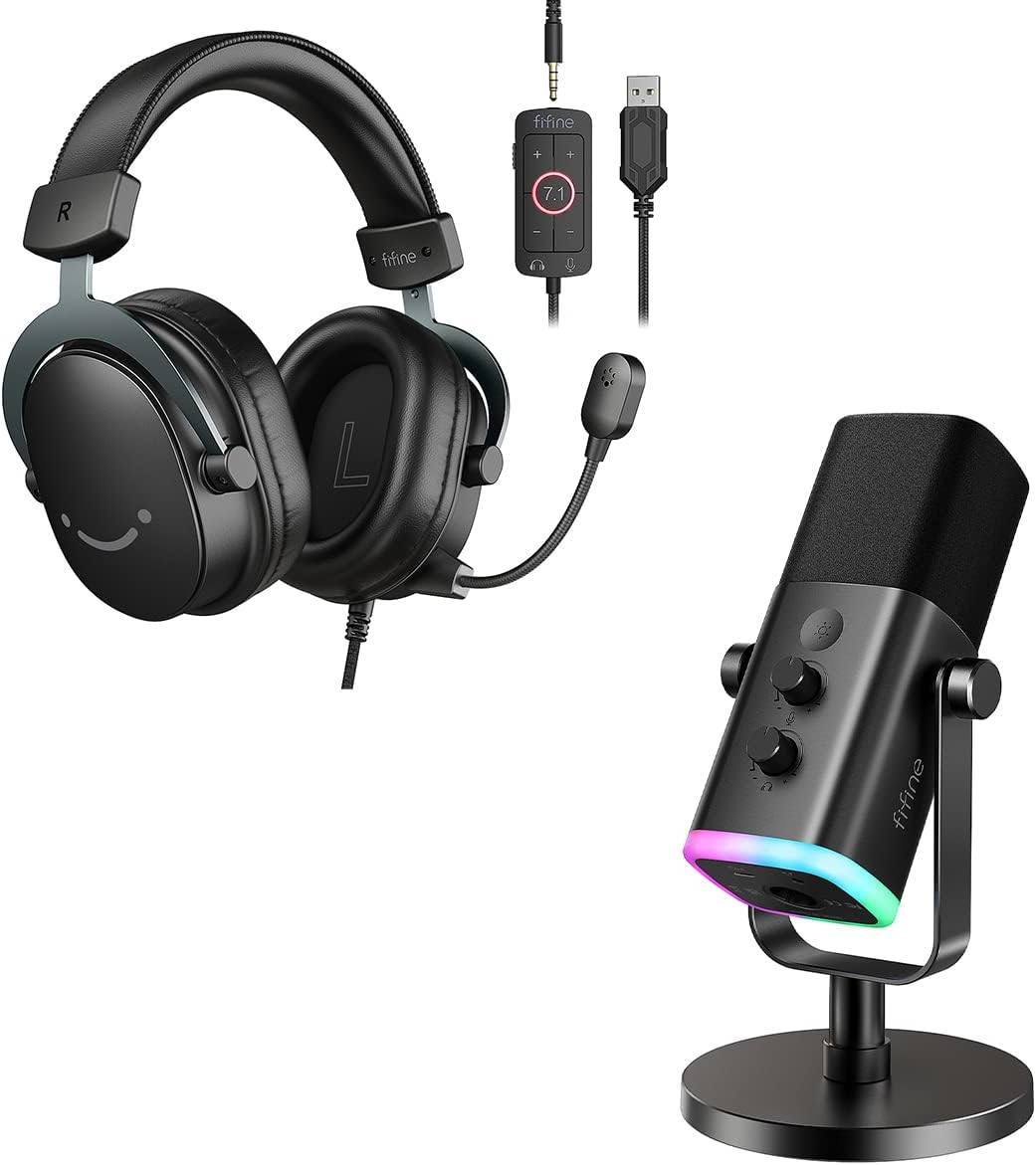 FIFINE Gaming Headset and XLR Dynamic Microphone Bundle, USB Headset Set with 7.1 Surround Sound for PS5/PS4, Podcast Recording Mic with RGB, Mute Button, Headphones Jack for Vocal YouTube (H9+AM8)