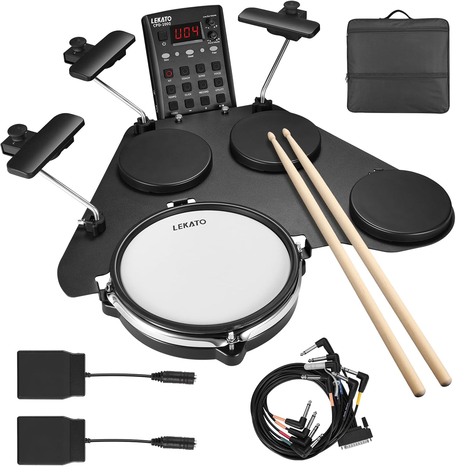 LEKATO Electronic Drum Set, Portable Electric Drum Set for Beginner with Quiet Mesh Snare Drum Pads, 220+ Sounds, USB MIDI, 2 Switch Pedal, Electric Drum Kit with Sticks, Travel Bag