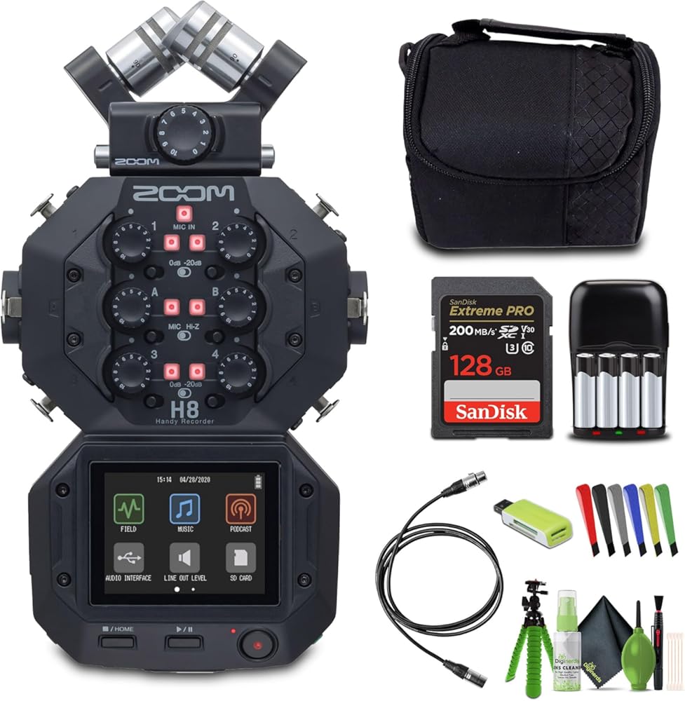 Zoom H8 12-Track Portable Recorder, Stereo Microphones, 6 Inputs, Touchscreen Interface, USB Audio Interface, Battery Powered, Stereo/Multitrack Audio for Video, Podcasting, and Music, Bundle