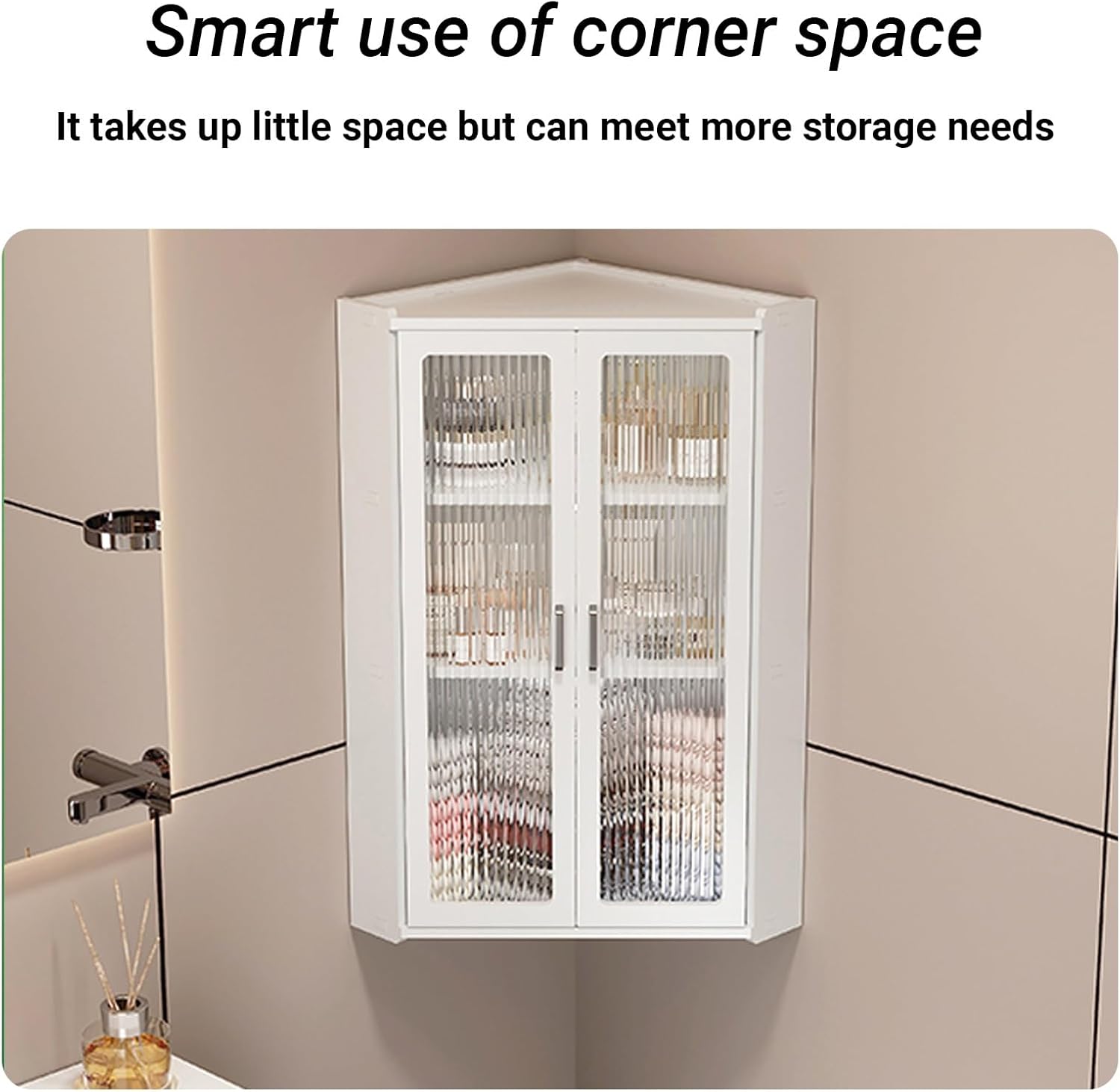 2/3 Tier Corner Spice Rack for Kitchen,Small Corner Medicine Cabinet with Glass Door,Wall-Mounted Makeup Organizer，Wall Mount Bathroom Cabinets(White-A,25x25x59cm/9.8x9.8x23.2in)