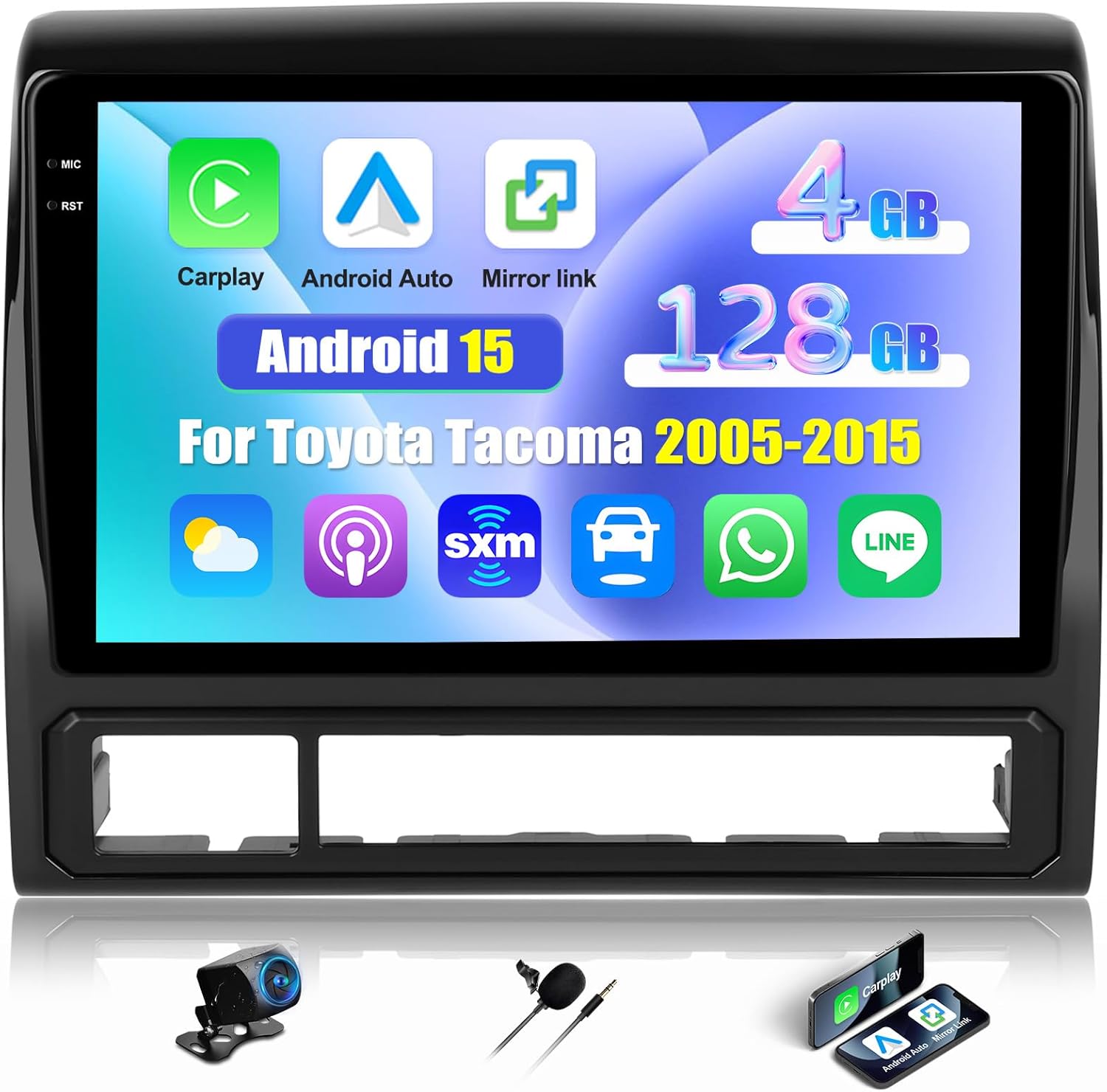 [4G+128G] Android 15 Car Radio for Toyota Tacoma 2005-2015 with Carplay Android Auto 9 Inch Touch Screen Bluetooth FM RDS/WiFi/GPS Navigation/SWC+AHD Backup Camera