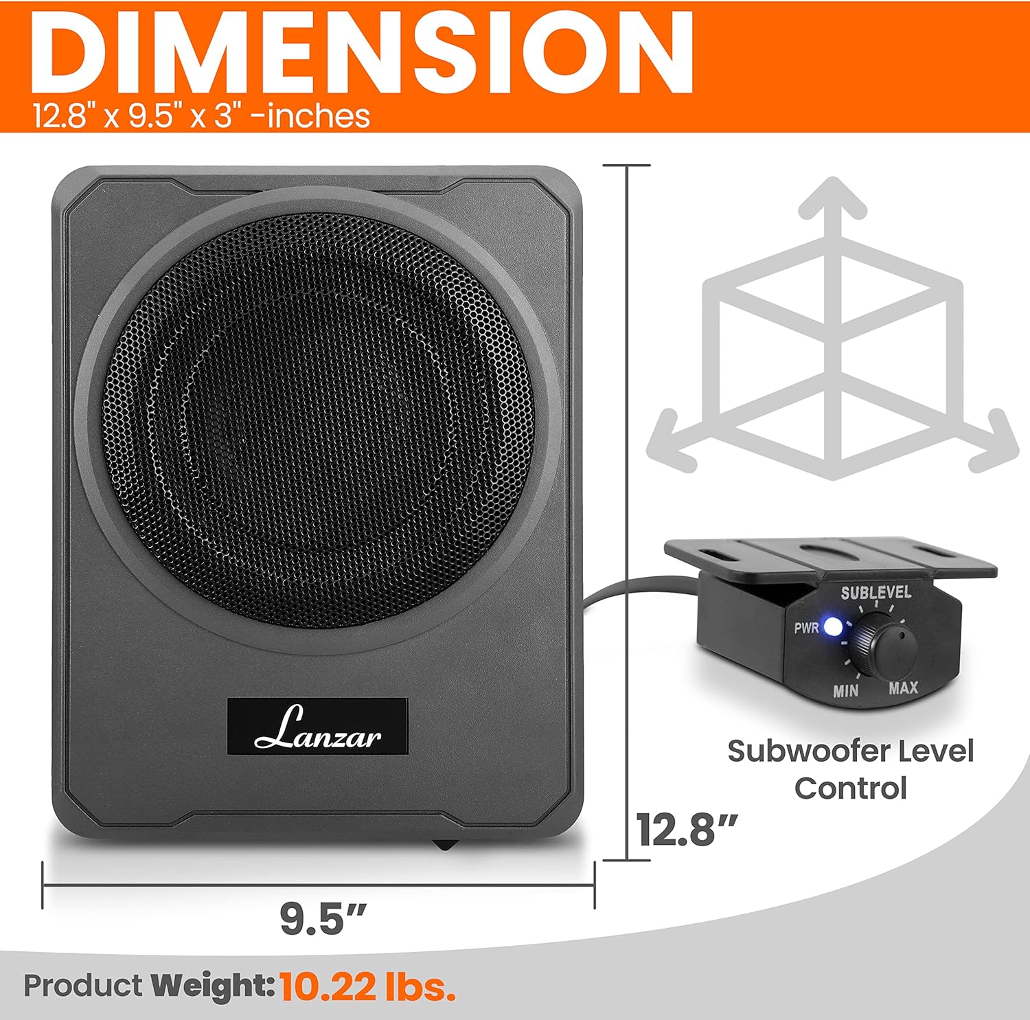 Pyle 8-Inch Low-Profile Amplified Subwoofer System - 600 Watt Compact Enclosed Active Underseat Car Audio Subwoofer with Built in Amp, Powered Car Subwoofer w/ Low & High Level Inputs - Pyle SBA8A.5