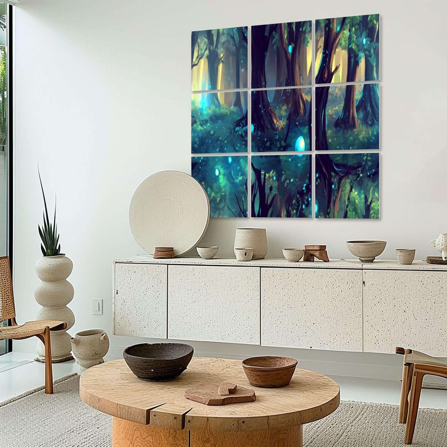 Art Acoustic Panels Self Adhesive Mystical Forest Art Print Deep Greens Rustic Browns Blues 9 Packs Decorative Soundproof Wall Panels Large Sound Absorbing Panels for Home Office 60