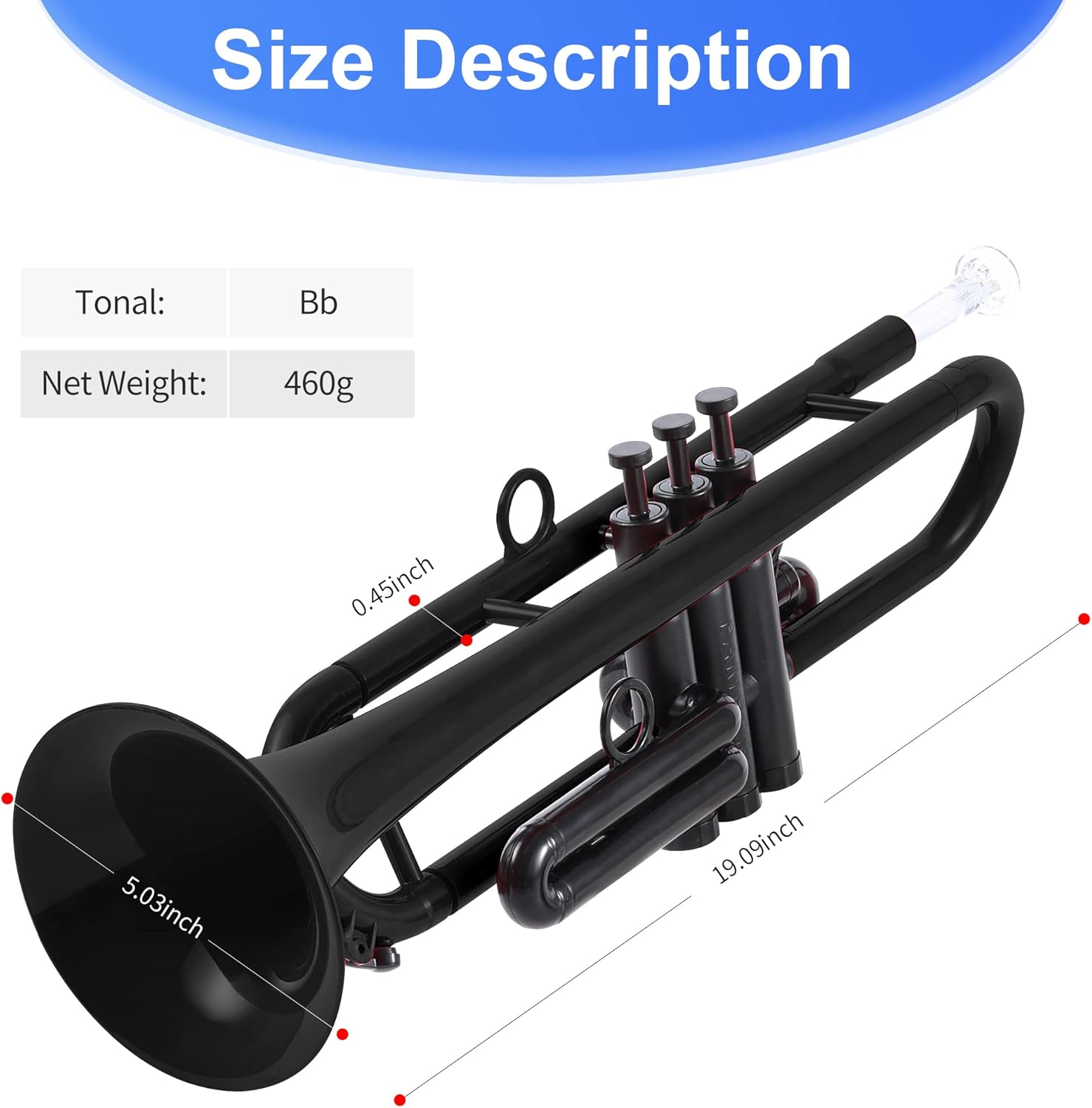 Professional Plastic Bb Trumpet Standard Trumpet Set for Student Beginner With 7C Mouthpiece and 3C Mouthpiece, Bb Trumpet Instrument, Black,
