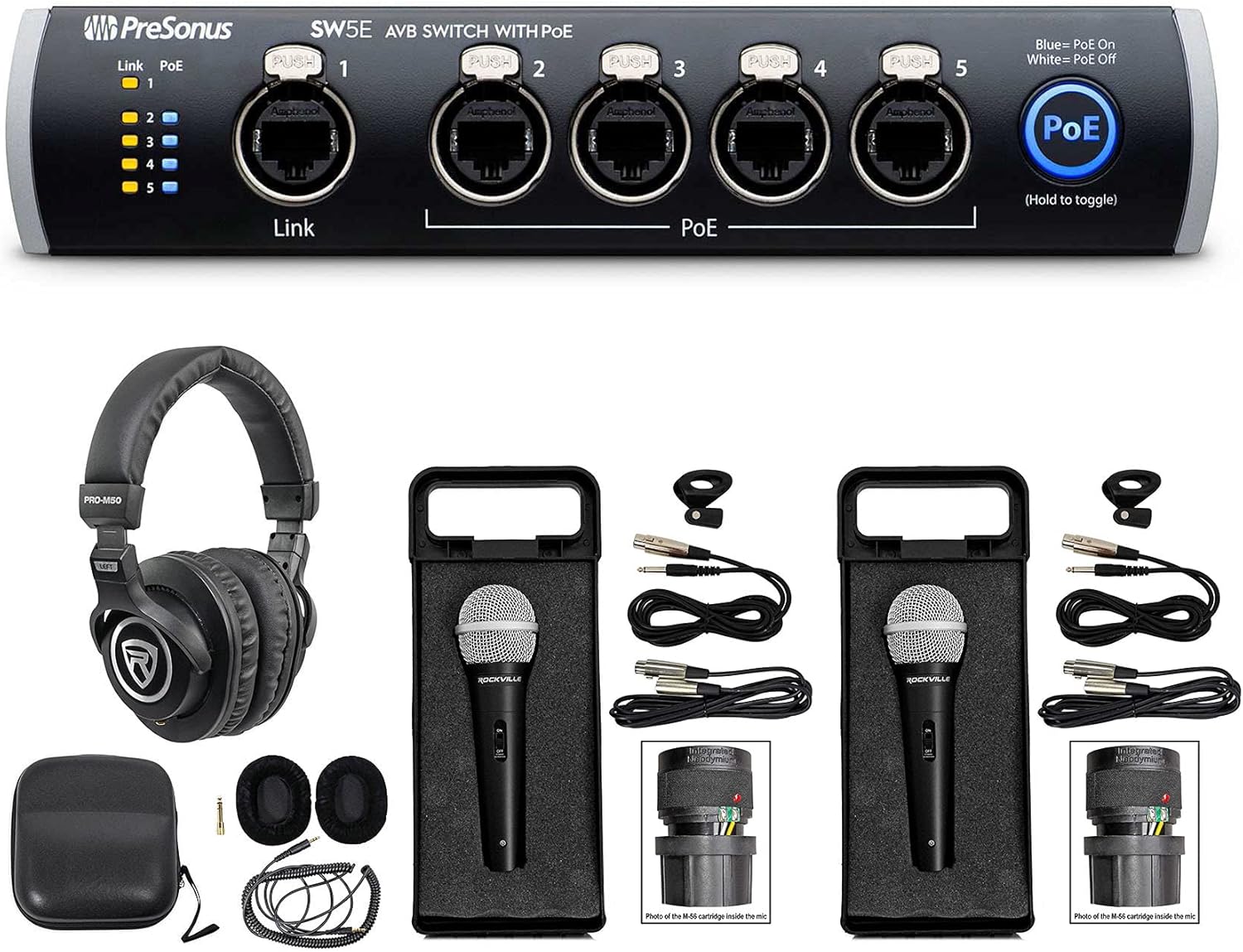 PRESONUS SW5E 5-Port AVB Switch w/PoE, Rack Mountable+Headphones+(2) Mics+Cases