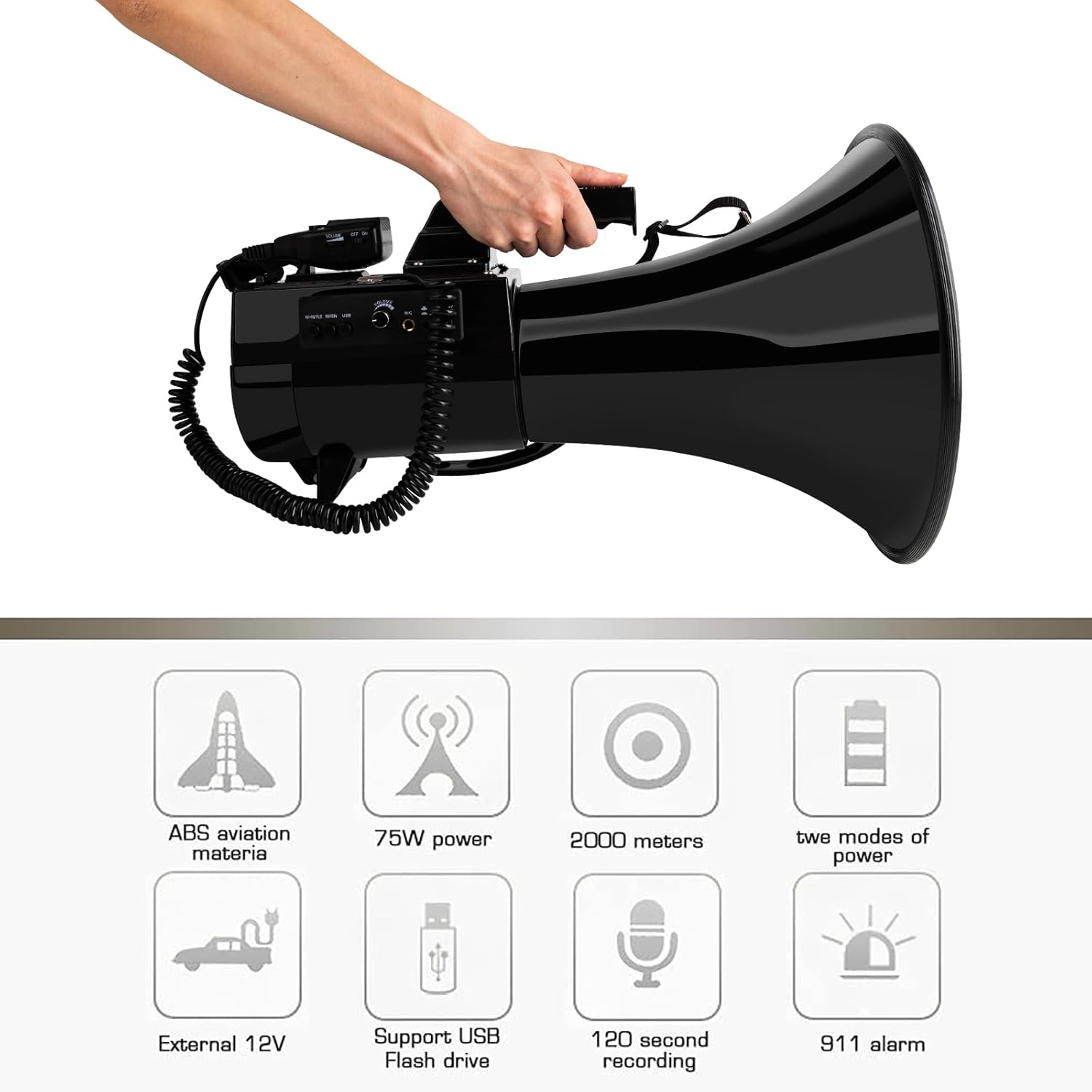 Heavy Duty 75W Professional Megaphone Bullhorn Speaker with Built-in Microphone-Rechargeable Battery&Portable Strap-Siren -USB/SD/AUX Input-Ideal for Football, Baseball,Coaches