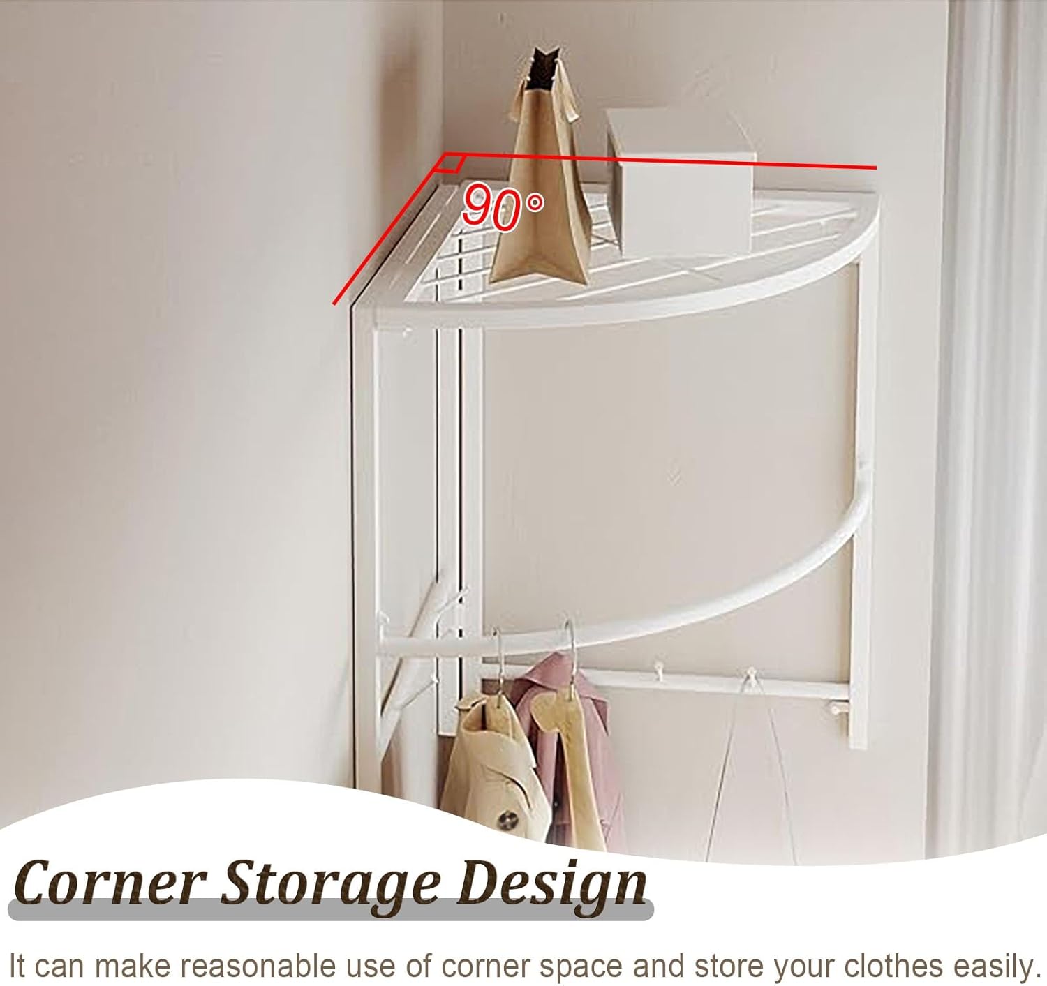 Closet Rod Curved Closet Clothes Hanging Shelf for Corner, Metal Wardrobe Corner Hanger Wall Mount, Clothing Drying Rack for Cloakroom/Laundry(White)
