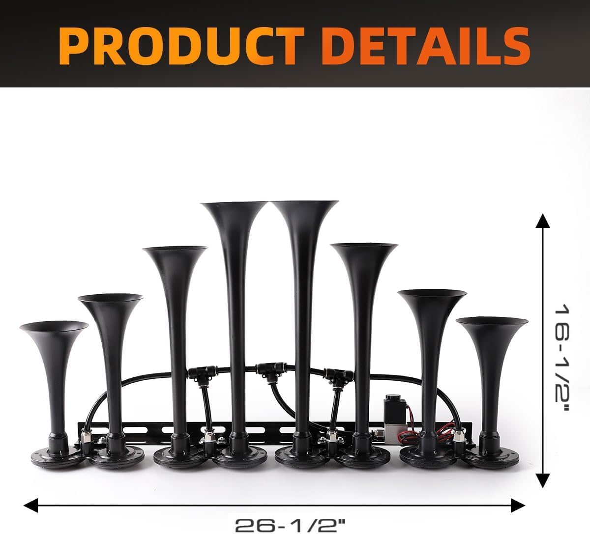 8-Trumpet Train Horn Metal Kit, 800dB super loud Air horn.Truck horns Suitable for 12V Large vehicles, such as semi-automatic driving/pickup/cars/trucks/RVs/SUVs, etc. (black wiht button)