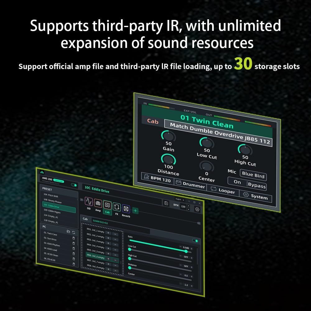 AME-200 Guitar Multi Effects Processor with Amp Modelling, Reverb, Delay, Looper, Drum Machine, 4 Footswitches, Expression Pedal, USB OTG Recording, MNRS GNR & GIR Loader
