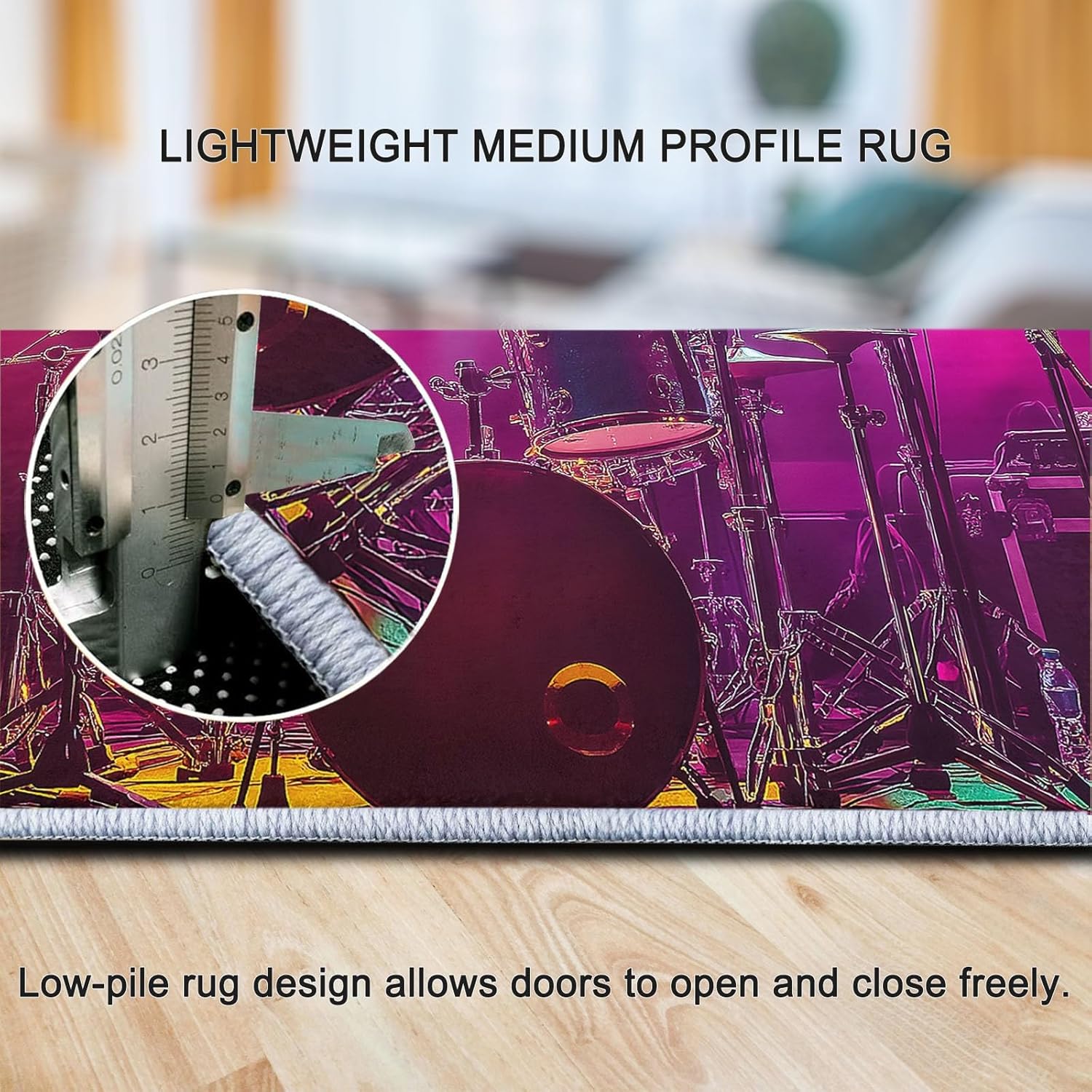 Machine Washable Area Rug 4x6 ft for Dining Room, Bedroom, and Living Room, neon Light Drum Set Stain and Water-Resistant Non-Slip Rug, Pet and Kid Friendly