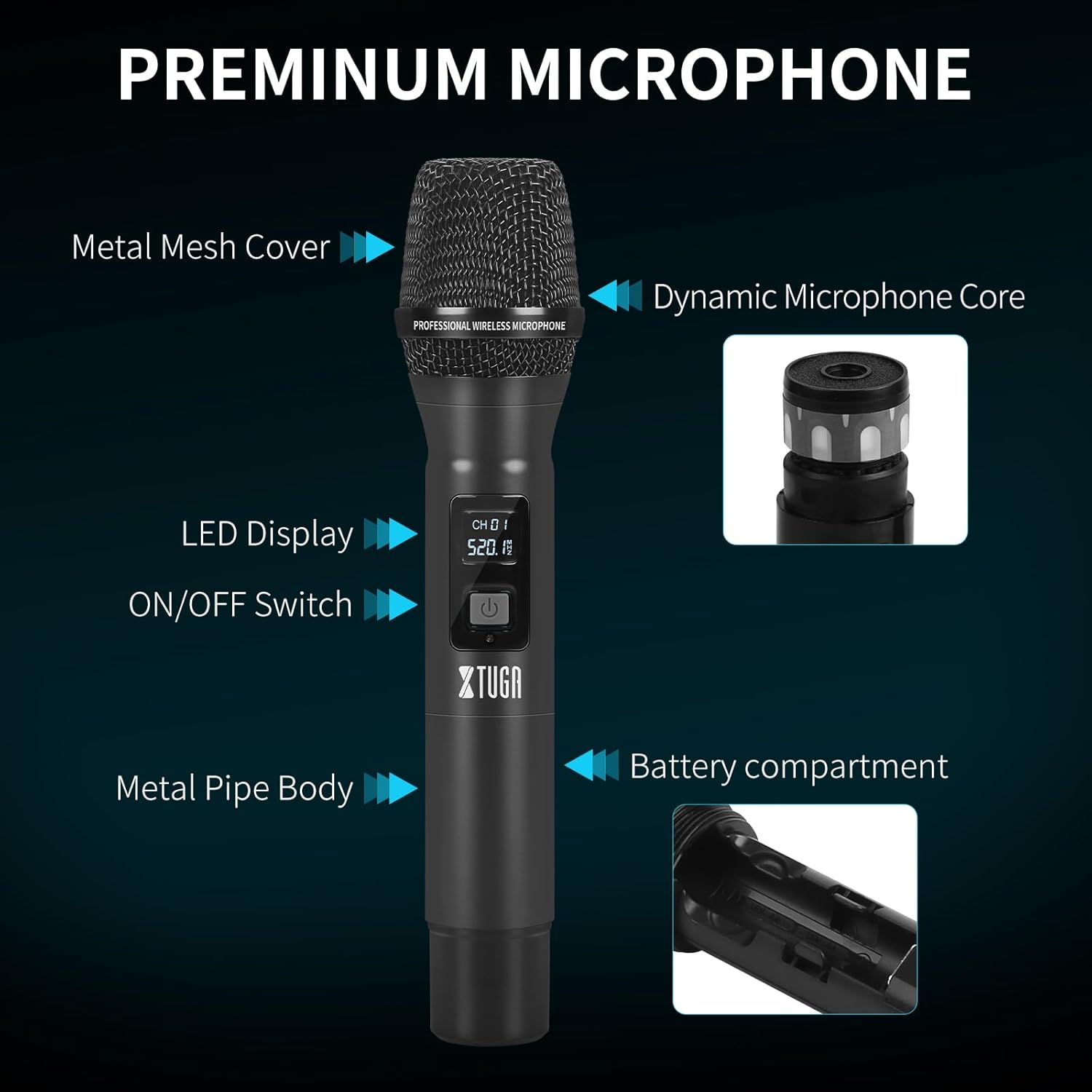 XTUGA Wireless Microphone System,8 Channel Cordless Mic with Handheld Metal Wireless Mic Set, 230ft Range,Dynamic Mics for Singing, Karaoke,Church,Wedding,DJ,Fixed Frequencies (MT8)