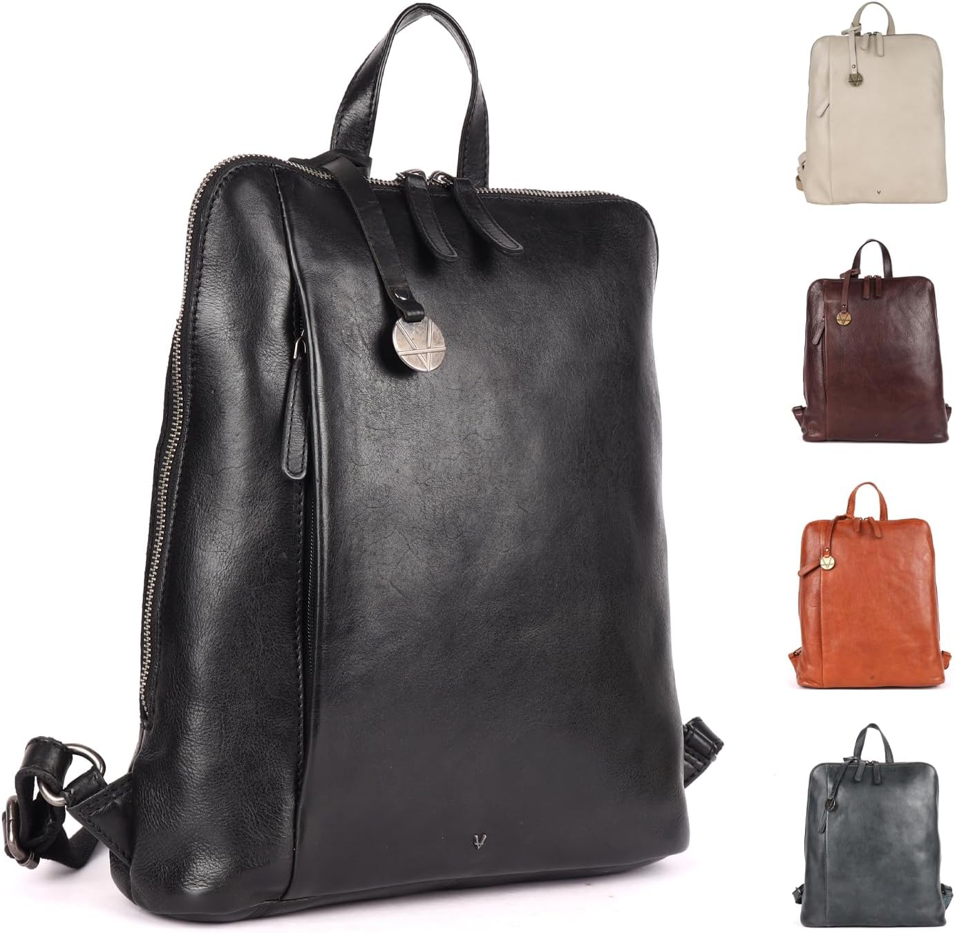 14.5 Inch Genuine Leather Backpack for Women and Men, Black Leather Backpack with Adjustable Shoulder Strap