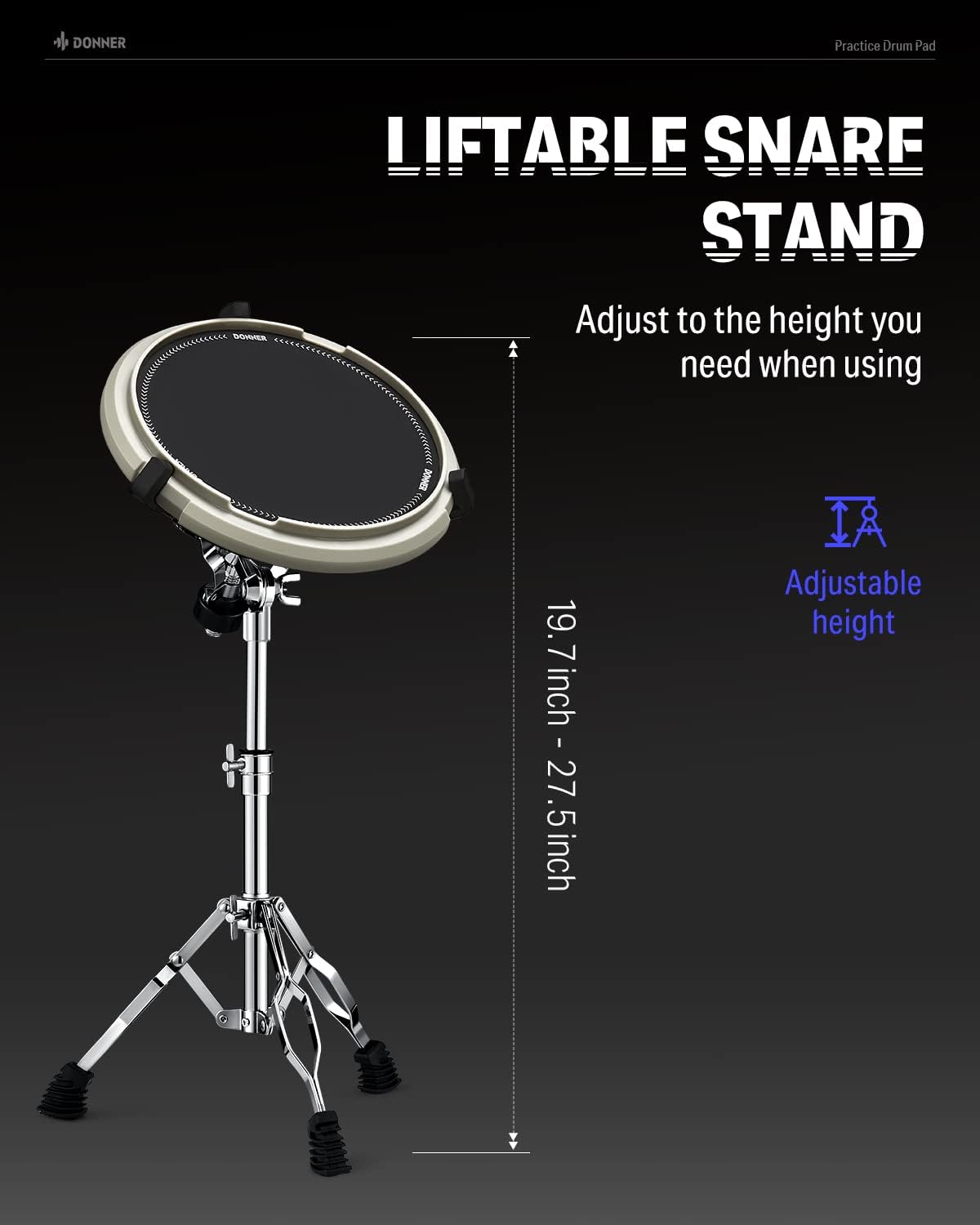 Donner Drum Practice Pad & Stand Kit with 12'' Silent Marching Pad, Drumsticks, Backpack - Adjustable Fits 10''-14'' Drums (White)