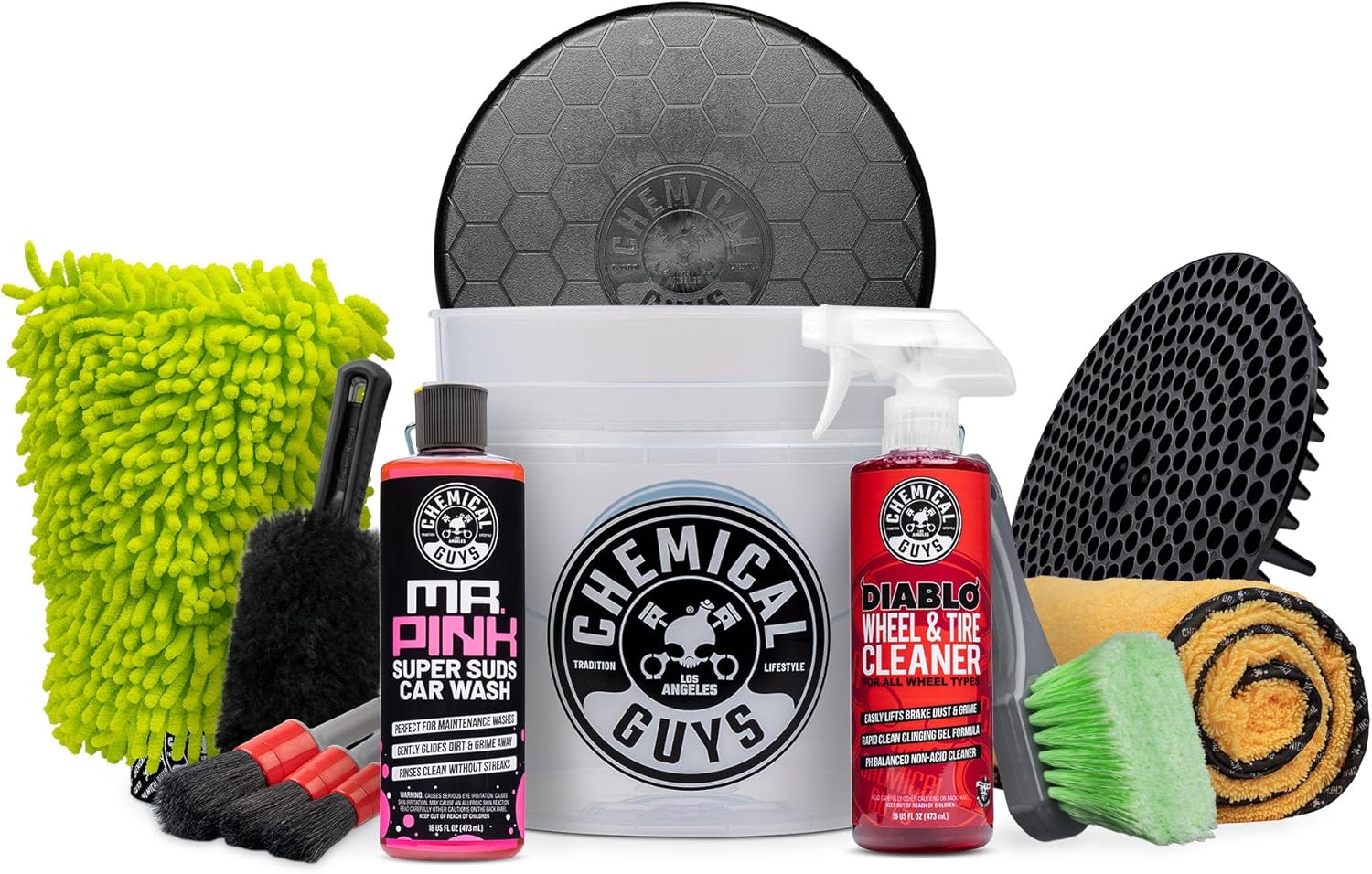 Chemical Guys Car Washing Kit - Mr. Pink Car Wash Soap, Diablo Wheel Cleaner, Wash Bucket with Dirt Trap and Lid, Wash Mitt, Detailing Brushes, Microfiber Towel, 11-Piece
