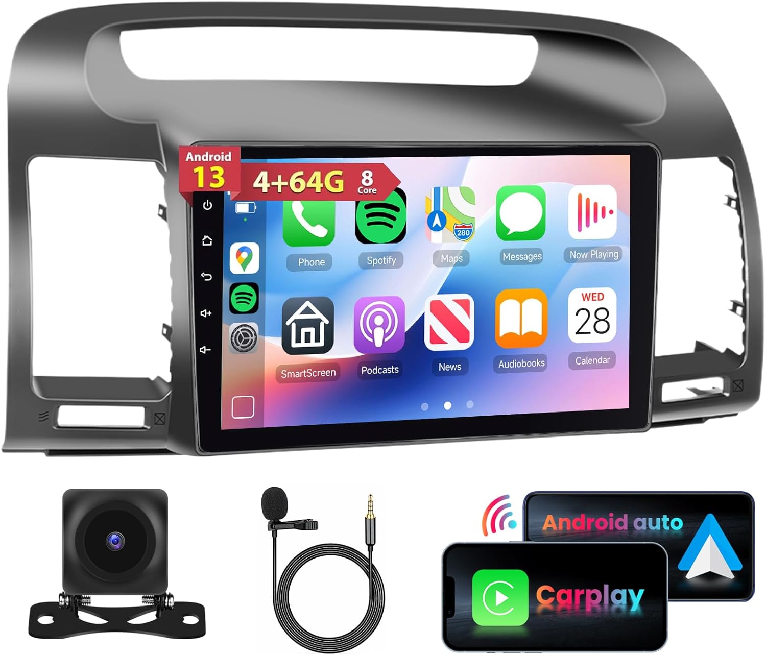 8 Core 4G+64G Car Stereo Radio for Toyota Camry 2000-2006 with Wireless CarPlay/9inch 1280x720P IPS Touch Screen/Android Auto/MirrorLink/BT 5.0/DSP/46EQ/GPS/WiFi/AHD Rear Camera