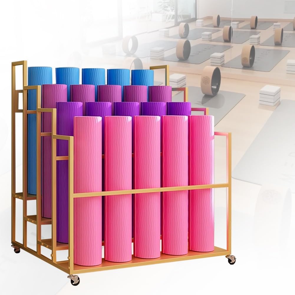 Yoga Mat Storage Rack, Home Gym Studio Organizer Large Yoga Mat Storage Cart for Foam Roller, Movable Sports Equipment Storage Rack with Wheels(Gold,4 Tier-39.4x33.5x41.3in)