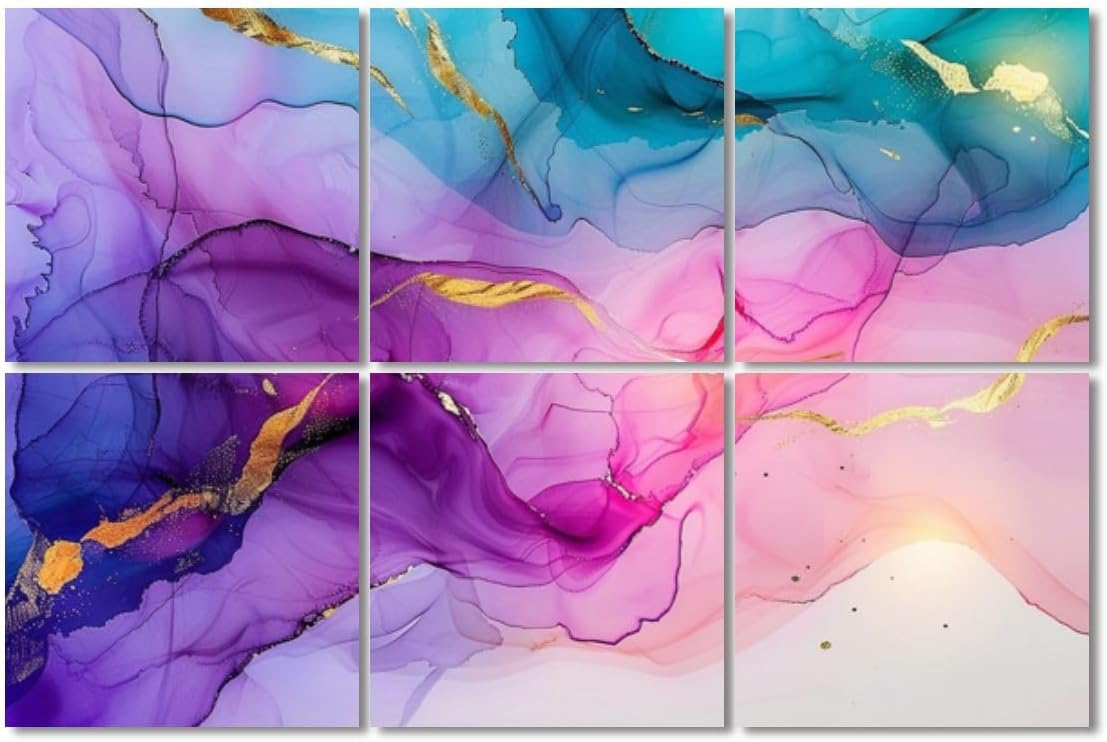 6 Pack Art Acoustic Panels Sound Absorbing Colorful Marble Mural Flowing Colors Gold Veins Purple Hues Blue Tones Decorative Soundproof Wall Panels Self Adhesive for Recording Studios Office 72