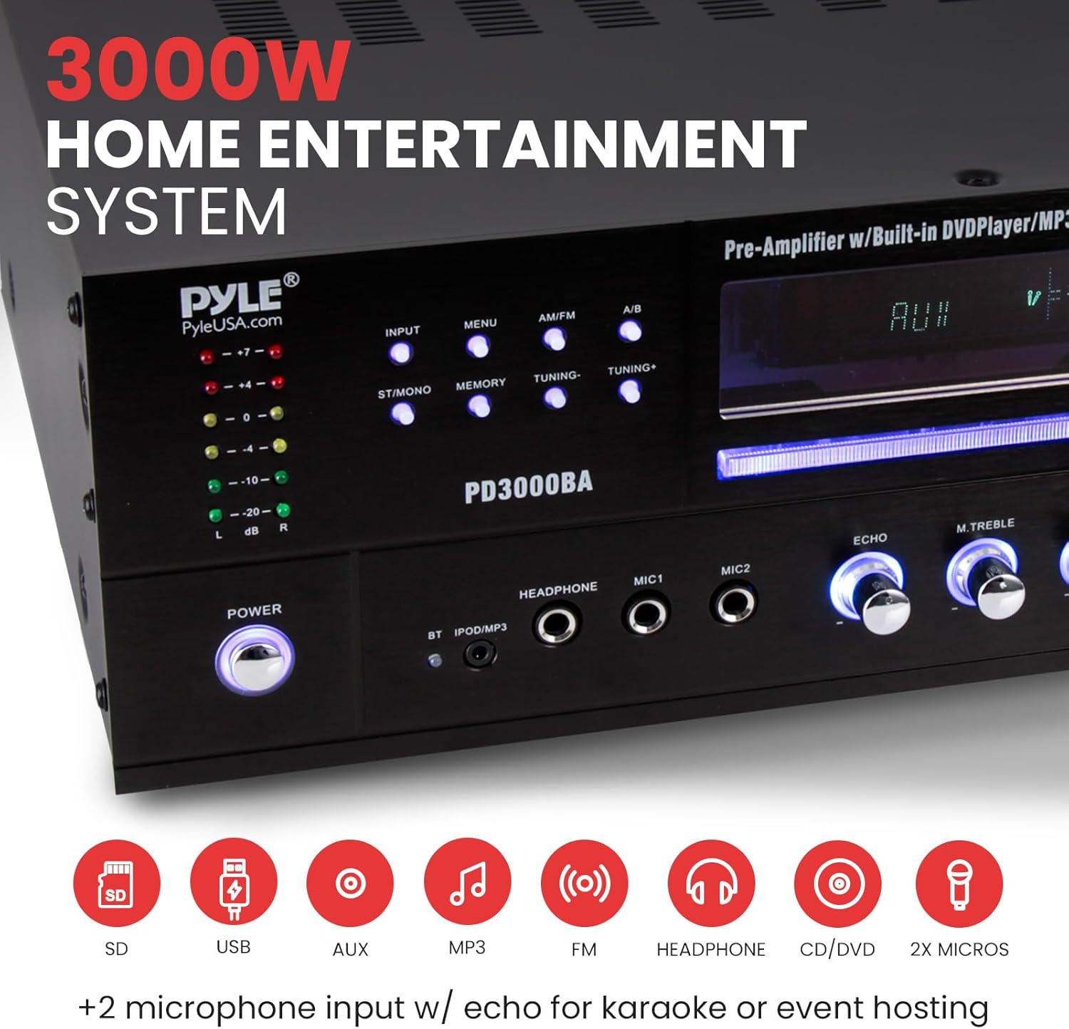 Pyle 4-Channel Home Theater Bluetooth Amplifier Receiver - 3000 Watt Stereo Speaker Home Audio Receiver w/ Radio, USB, 2 Microphone w/ Echo for Karaoke, CD DVD Player, LCD, Rack Mount - Pyle PD3000BT