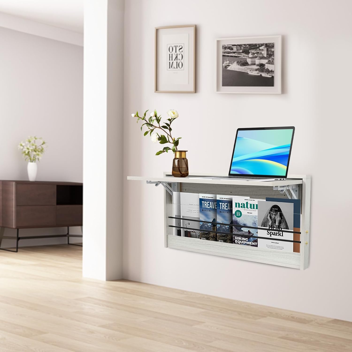 Wall Mounted Folding Table,39.4*16.3in Fold Down Study Writing Desk,Floating Wall Desk Fold Down for Small Spaces, Kitchen Storage Shelf for Home,Office,Study Room (31.5x16.3in-Rounded Corner)