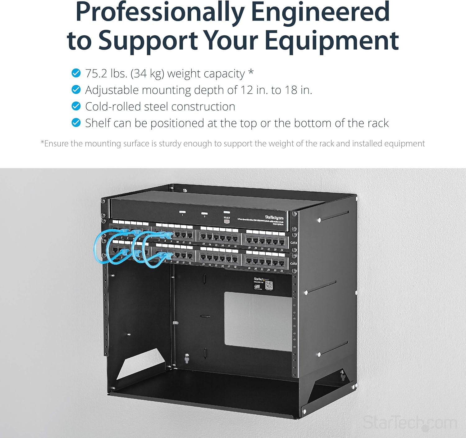 StarTech.com 2-Post 8U Open Frame Wall Mount Network Rack with Built-in Shelf, Wall Mount Data Rack with Adjustable Depth for AV / Computer / IT Equipment, TAA Compliant Server Rack (WALLSHELF8U)