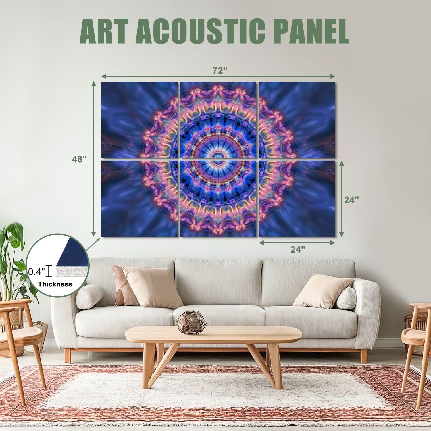 6 Pack Art Acoustic Panels Sound Absorbing Blacklight Hippie UV Neon Boho Mandala Aesthetic Symmetrical Radial Decorative Soundproof Wall Panels Self Adhesive for Recording Studios Office 72