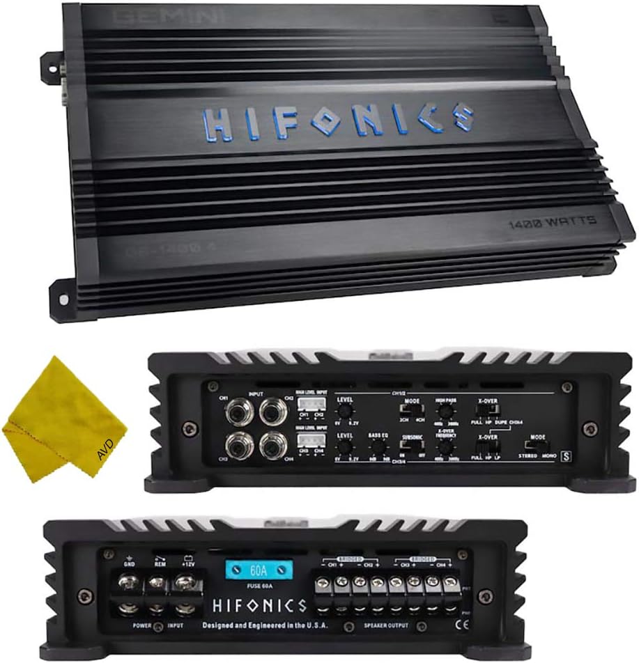 Hifonics 4 Channel Car Amplifier – Class A/B Gemini Series Multichannel Amplifier 1400 Watt, Car Electronics Audio Subwoofer 2 Ohm Stable Bass Boost MOSFET Power Supply for Speakers Sub Amp
