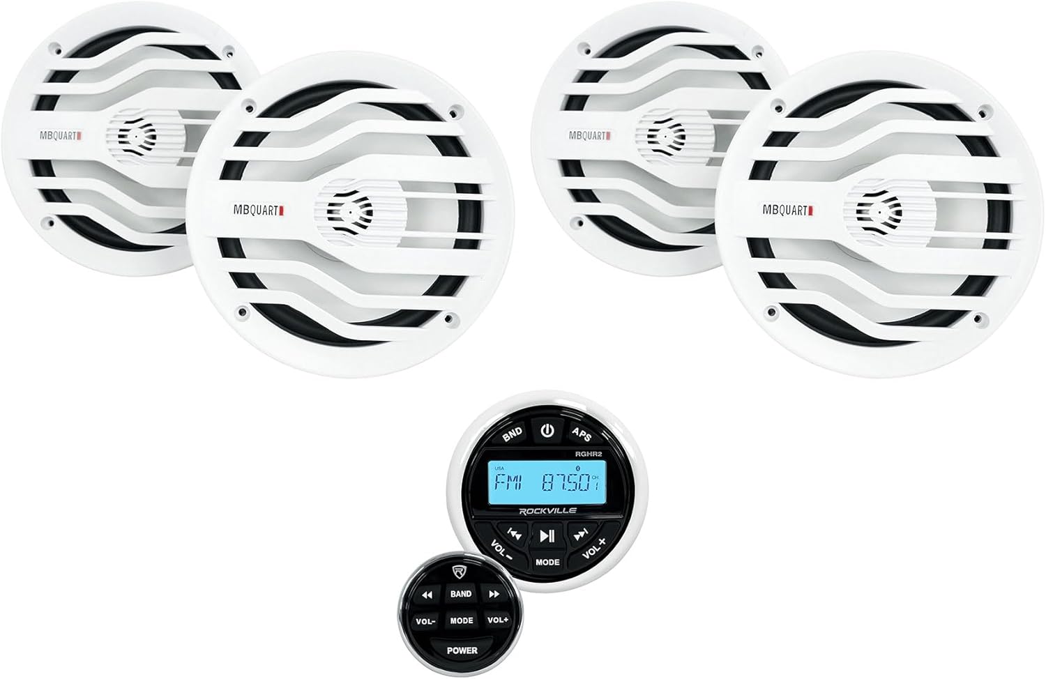 Rockville RGHR2 Marine Gauge Receiver w/Bluetooth Bundle with 4 White MB Quart 6.5