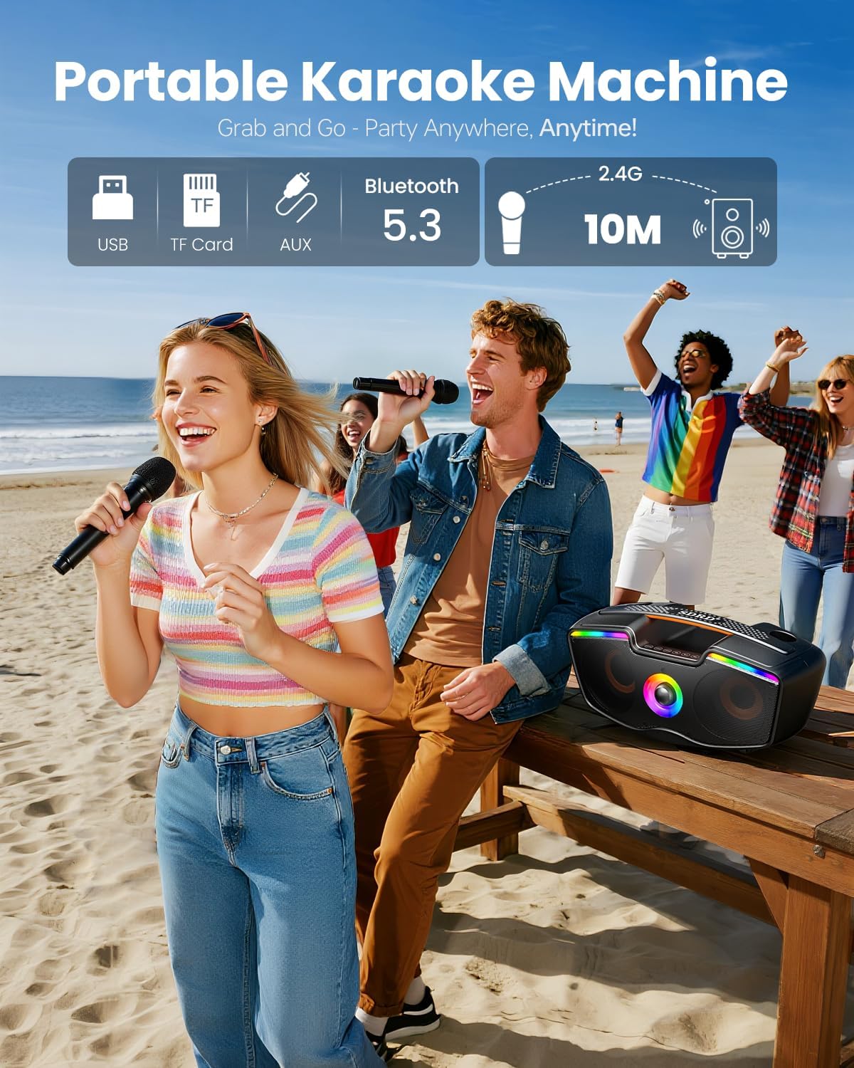 Bluetooth Karaoke Machine for Adults & Kids, 80W Portable Speaker with 2 Wireless Microphones, Echo Adjustment, Support USB/AUX/TF Card, for Outdoor/Indoor Gathering Gifts