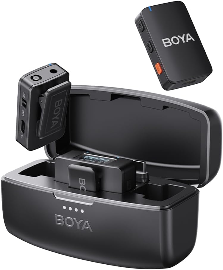 BOYA BOYAMIC All-in-One 2.4G Wireless Microphone System Clip-on Wireless Mic 300M Transmission 8G Memory Onboard Recording Replacement for iOS Android Smartphones Camera Computer for Vlogging