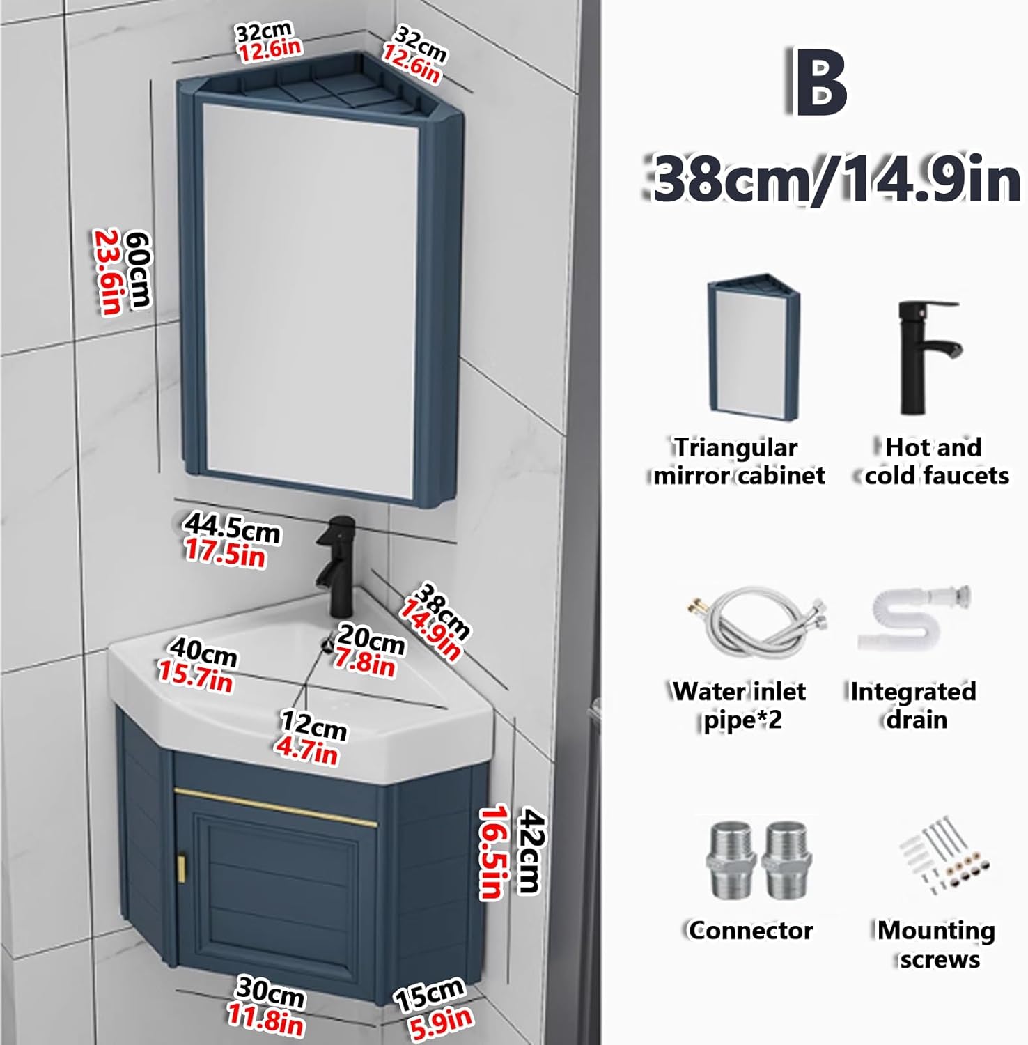 Corner Bathroom Sink,Floating Bathroom Vanity with Sink,Corner Bathroom Vanity Sink Combo,Wall Mount Sink,Compact Bathroom Sink,Bathroom Cabinet with Faucet and Drain,for Small Spaces