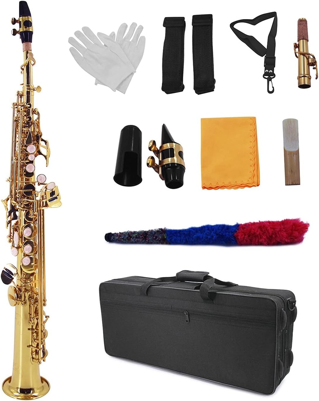 Sax Beginners Kit Straight Bb Soprano Saxophone Brass Lacquered Gold Woodwind Instrument with Carrying Case Wind Instrument