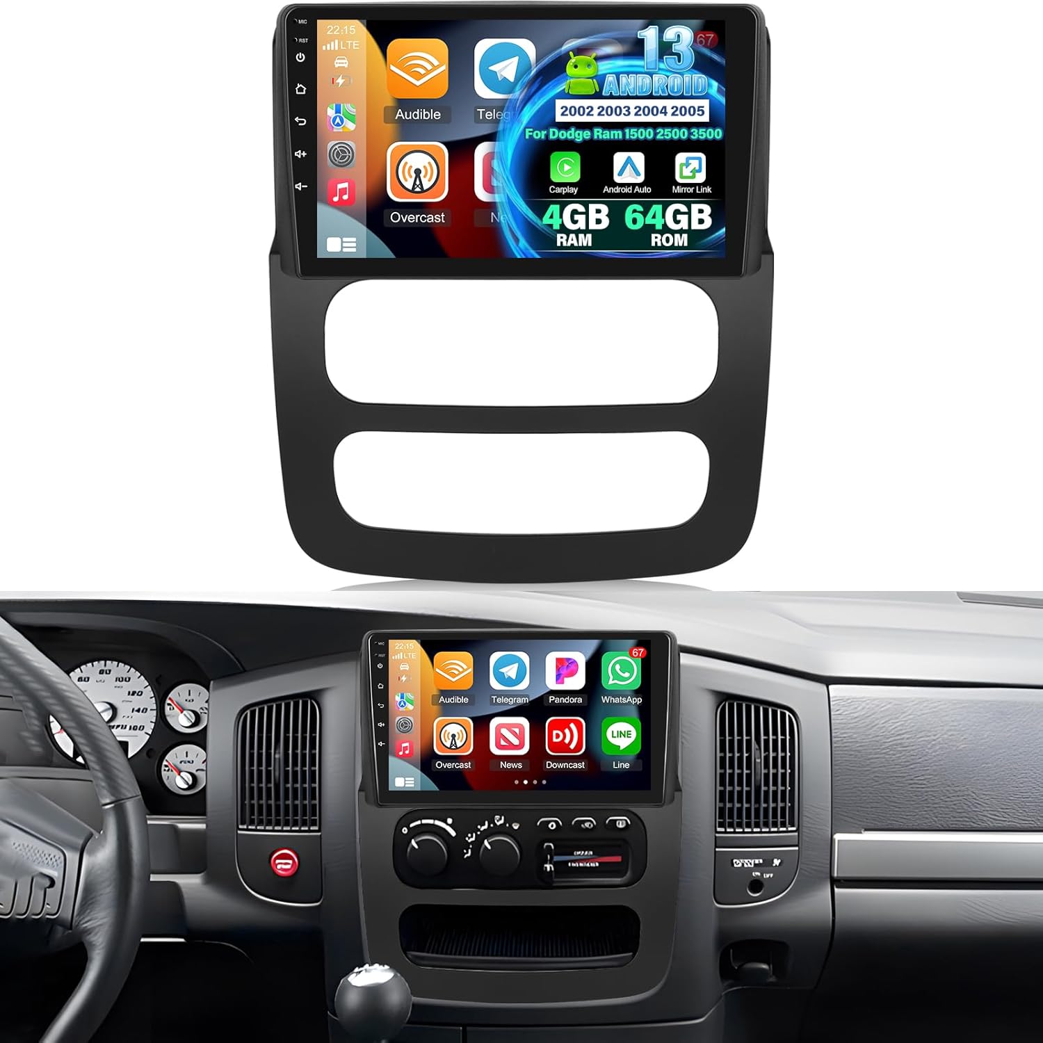 [4G+64G] Radio for Dodge Ram 1500 2500 3500 2002 2003 2004 2005, 9 inch Touch Screen Ram Android Car Stereo, Wireless Carplay/Android Auto/32 EQ Audio/1280 * 720 Screen/SWC/Bluetooth/WiFi