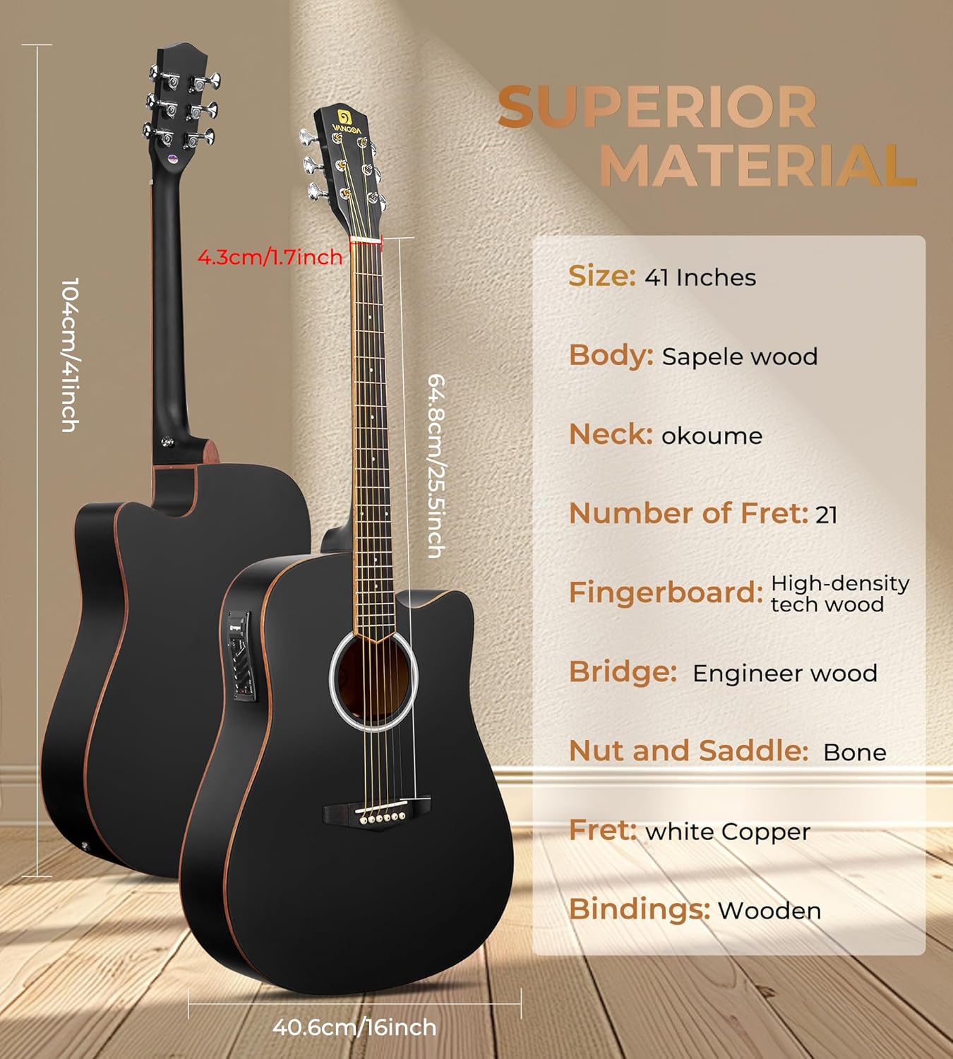 Vangoa Acoustic Electric Guitar Bundle for Beginners Adults Teens Full Size Cutaway Acoustic Guitar with Built-in Pickups, Wooden Bindings, Upgraded Starter Kit, Matte Black