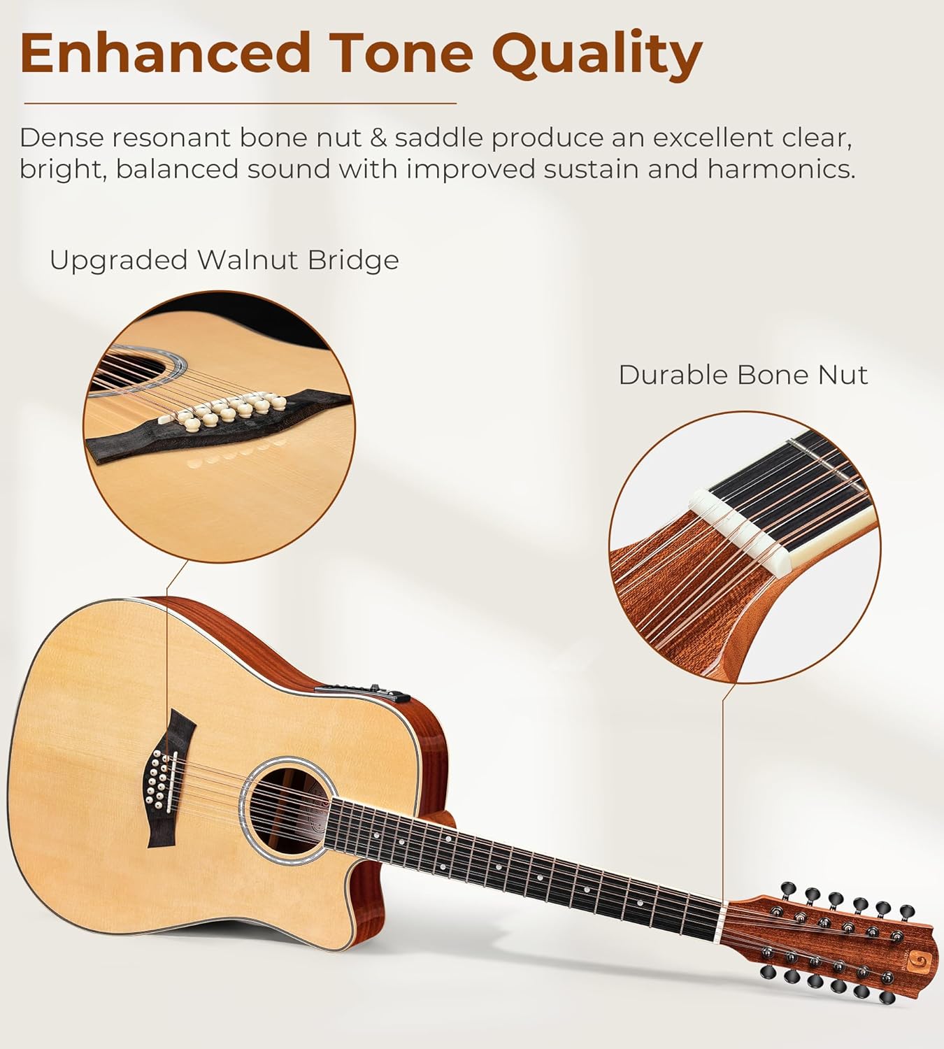 Vangoa 12 String Guitar, Acoustic Electric Guitar 12 Strings, Spruce Top, Sapele Body, Bone Nut, Natural, Gloss