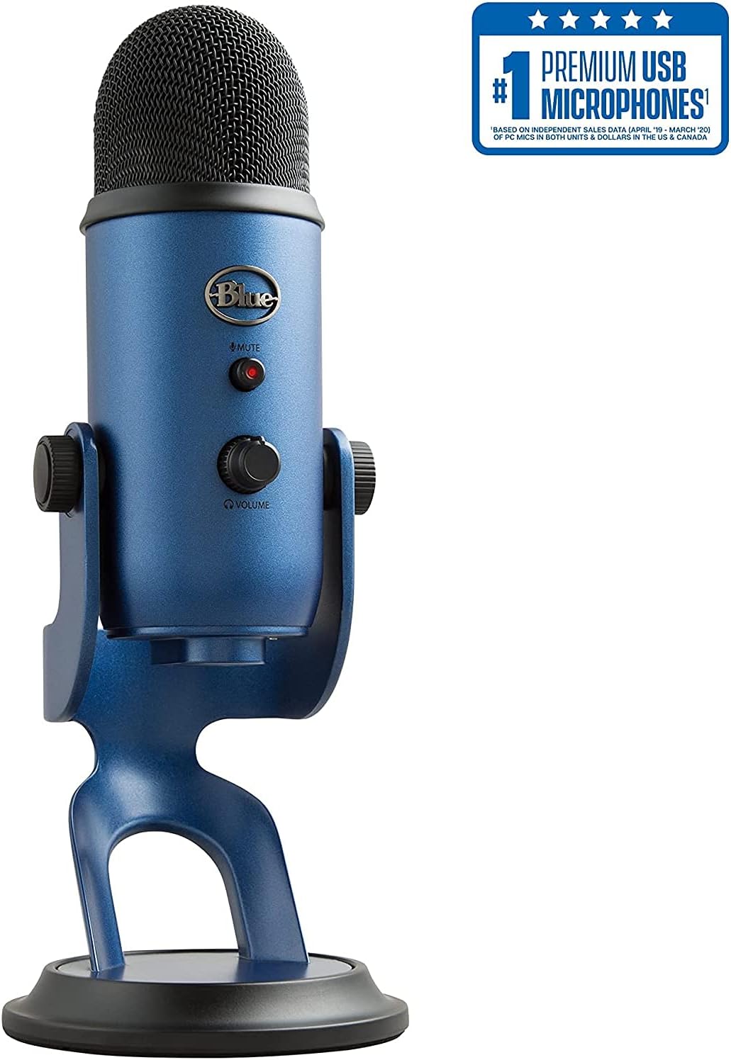 Yeti USB Mic for Recording & Streaming on PC and Mac, 3 Condenser Capsules, 4 Pickup Patterns, Headphone Output Volume Control, Mic Gain Control, Adjustable Stand Midnight Blue (988-000101) (Renewed)